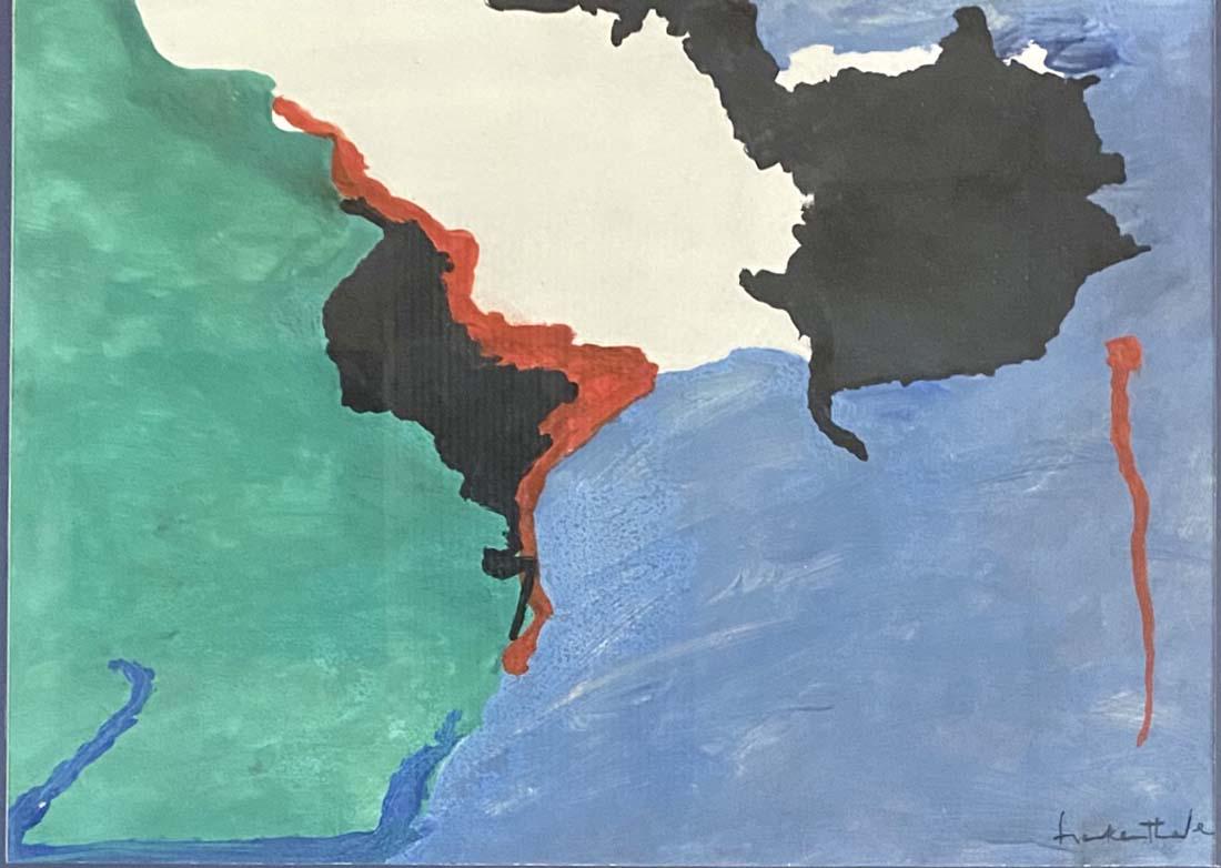 HELEN FRANKENTHALER OIL ON PAPER ABSTRACT V$20,000: MEASUREMENTS: 37"WX32"H FRAMED MINT CONDITION/"in the style of" Helen Frankenthaler was an American abstract expressionist painter. She was a major contributor to the history of postwar American paint