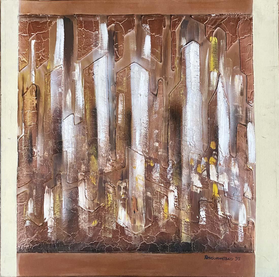 ROBERT RAUSCHENBERG MIXED MEDIA ON CANVAS V$13,000: MEASUREMENTS: The composition is 40 inches high and 40 inches wide/NO FRAME/ VERY GOOD CONDITION/"in the style of" Milton Ernest "Robert" Rauschenberg was an American painter and graphic artist whose