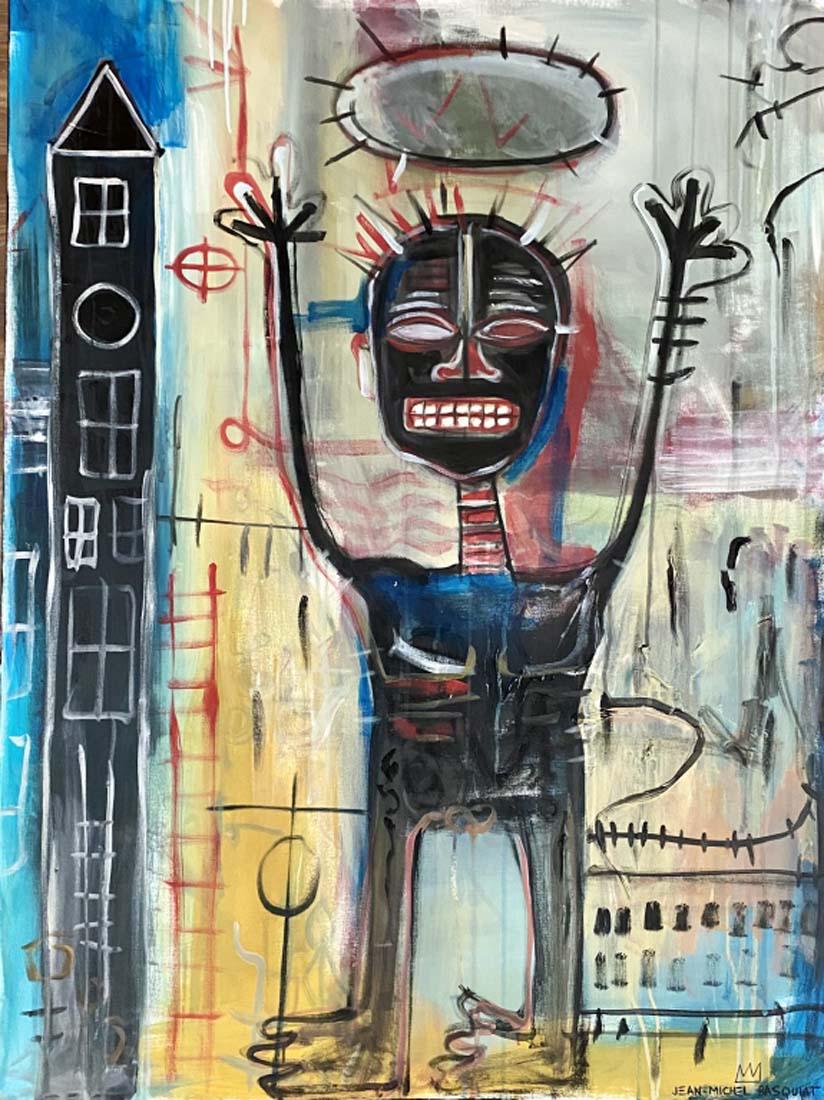 JEAN-MICHEL BASQUIAT ABSTRACT OIL ON CANVAS V$25,000: MEASUREMENTS:48"HX36"W NO FRAME/MINT CONDITION/"in the style of" Jean-Michel Basquiat was an American artist of Haitian and Puerto Rican descent/Private collection, Liveauctioneers policy requires to 