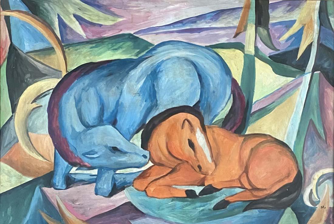 FRANZ MARC FIGURATIVE WATERCOLOR ON PAPER V$6,000: MINT CONDITION/MEASUREMENTS:The composition is 17 inches high and25 inches wide"in the style of" Franz Moritz Wilhelm Marc was a German painter and printmaker, one of the key figures of German Express