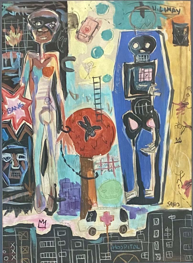 JEAN MICHEL BASQUIAT MIXED MEDIA ON PAPER ABSTRACT: MEASUREMENTS:26"WX32"H FRAMED MINT CONDITION/"in the style of"Jean-Michel Basquiat was an American artist of Haitian and Puerto Rican descent. /Private collection, Liveauctioneers policy requires to s