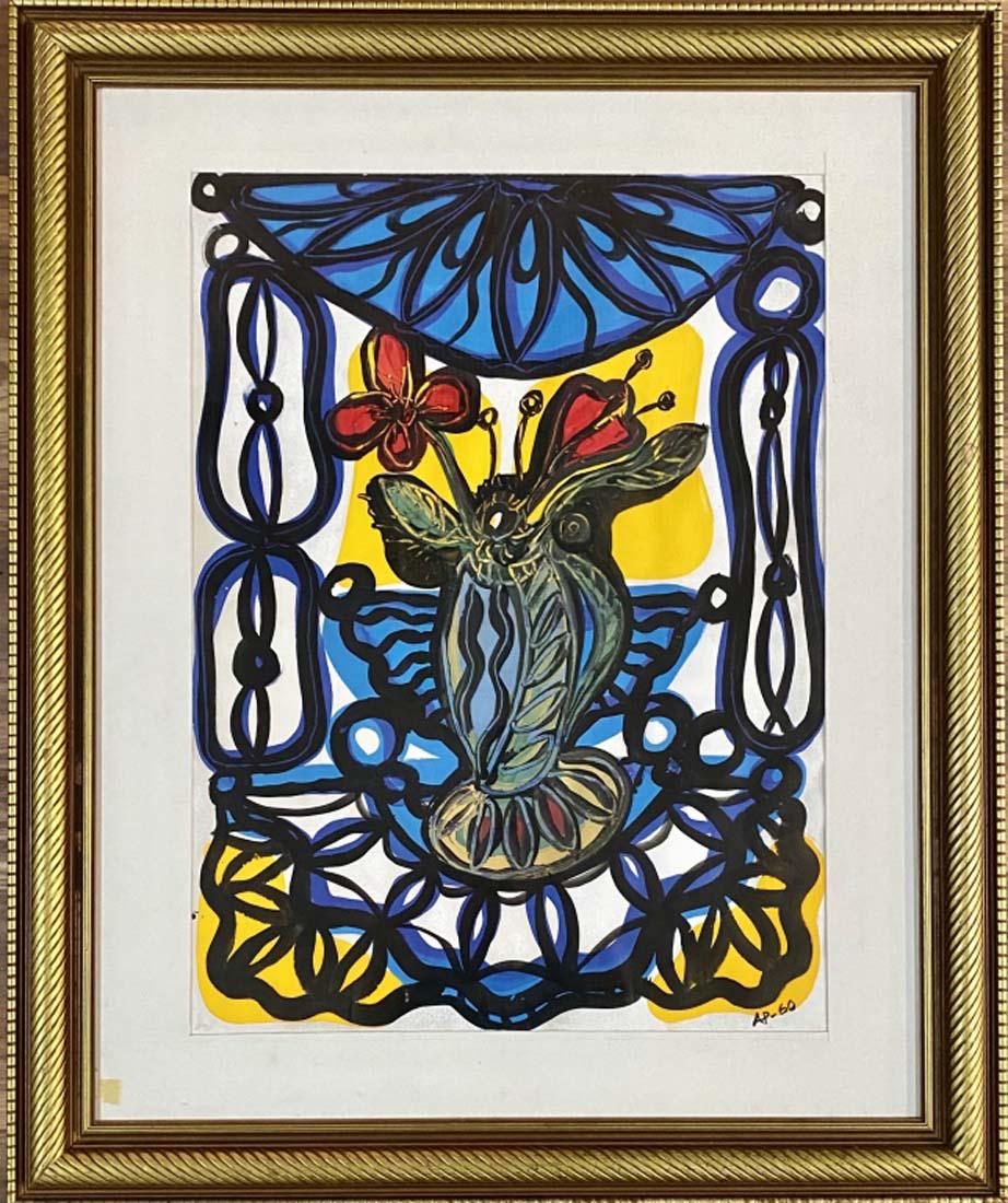 AMELIA PELAEZ OIL ON PAPER STILL LIFE PAINTING V$13,000: MEASUREMENTS:41"HX34"W FRAMED AND MATTED /MINT CONDITION/"in the style of" Amelia PelÃ¡ez del Casal was an important Cuban painter of the Avant-garde generation/Private collection, Liveauctioneers p
