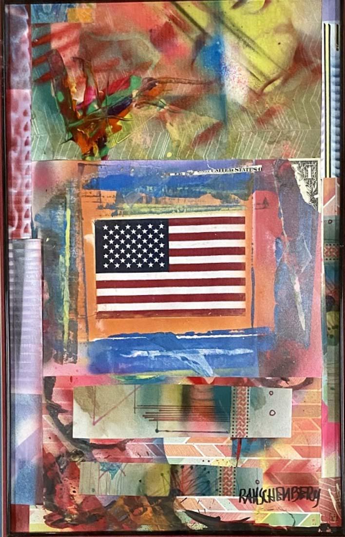 ROBERT RAUSCHENBERG MIXED MEDIA WORK V$14,500: MINT CONDITION/MEASUREMENTS: The piece is 29 inches high and 20 inches wide/"in the style of" Milton Ernest "Robert" Rauschenberg was an American painter and graphic artist whose early works anticipat