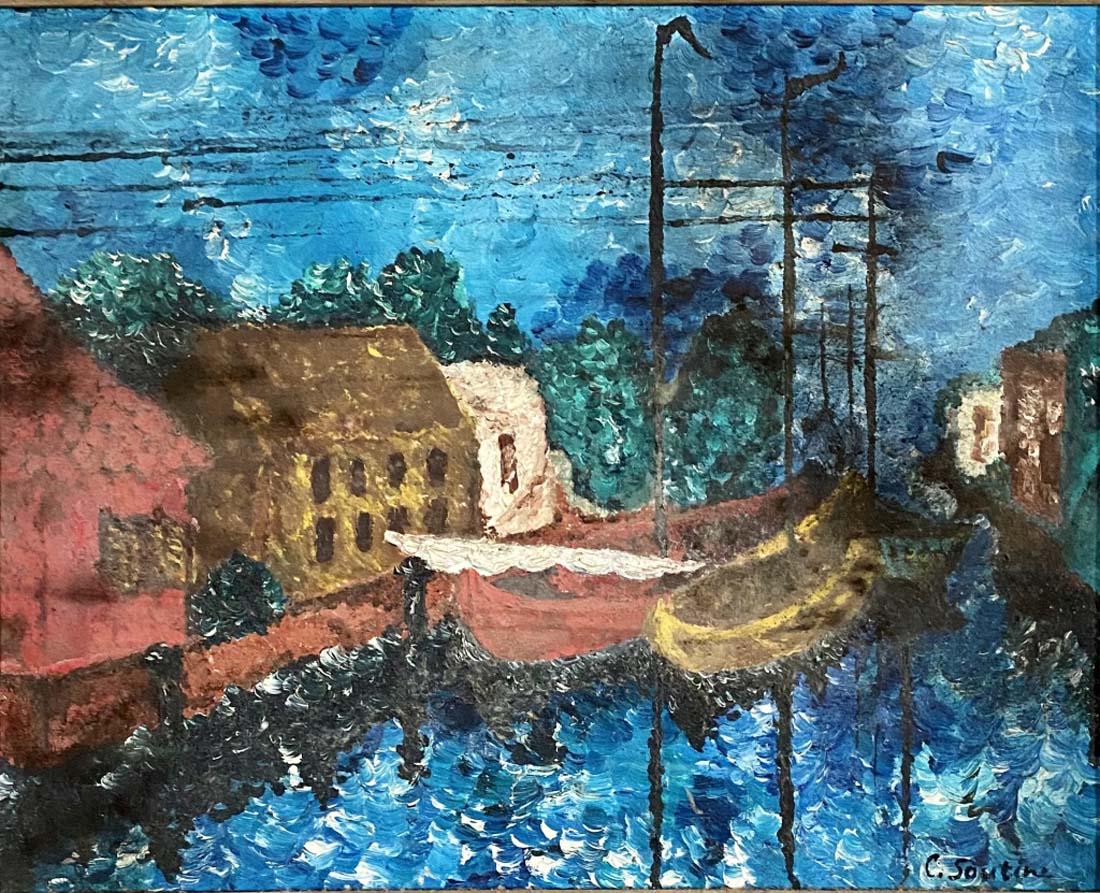 CHAIM SOUTINE HORIZONTAL OIL ON BOARD V$25,000: GOOD CONDITION, FRAME SHOWS AGE/MEASUREMENTS: The composition is 16 inches high and 19 inches wide/"in the style of"Giorgio de Chirico was an Italian artist and writer born in Greece. In the years bef