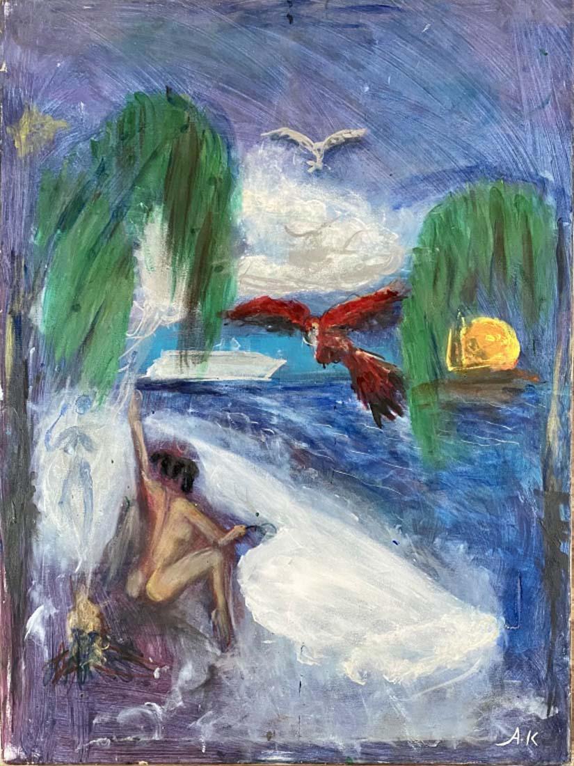 ANTON KOLIG OIL ON CANVAS ABSTRACT V$12,000: OK CONDITION, 5" TEAR HAS BEEN REPAIRED, NO FRAME/ "in the style of" Anton Kolig (1886-1950) was born in NovÃ½ JiÄÃ­n ,in then Moravia, now the Czech Republic. /Anton Kolig was an Austrian expres