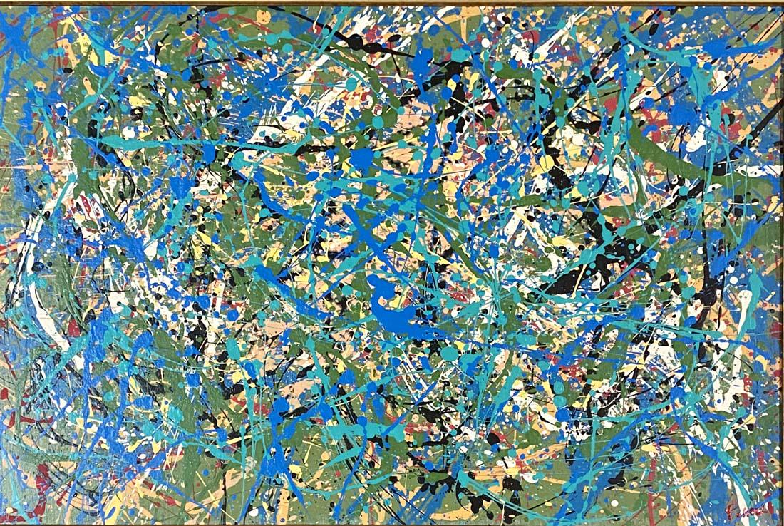 JACKSON POLLOCK ABSTRACT OIL ON CANVAS V$40,000: MINT CONDITION/MEASUREMENTS:32"HX44"W FRAMED /"in the style of" Paul Jackson Pollock was an American painter and a major figure in the abstract expressionist movement./Private collection, Liveauctione