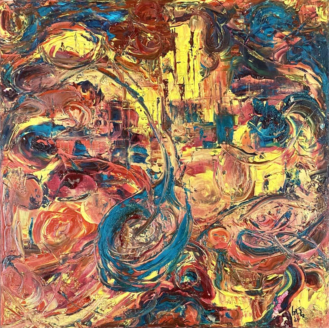 KAZOU SHIRAGA POLYCHROMATIC OIL ON CANVAS V$12,000: MINT CONDITION NO FRAME/MEASUREMENTS: The composition is 30 inches high and 30 inches wide./"in the style of" Kazuo Shiraga was a Japanese modern artist who belonged to the Gutai group of avant-garde