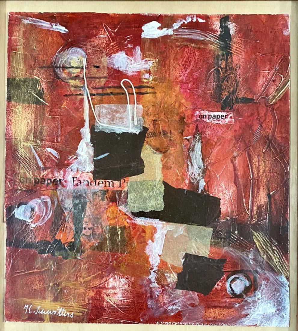KURT SCHWITTERS MIXED MEDIA ON PAPER V$8,000: MINT CONDITION/MEASUREMENTS: The composition is 16 inches high and 14 inches wide/"in the style of" Kurt Hermann Eduard Karl Julius Schwitters was a German artist who was born in Hanover, Germany. Sch