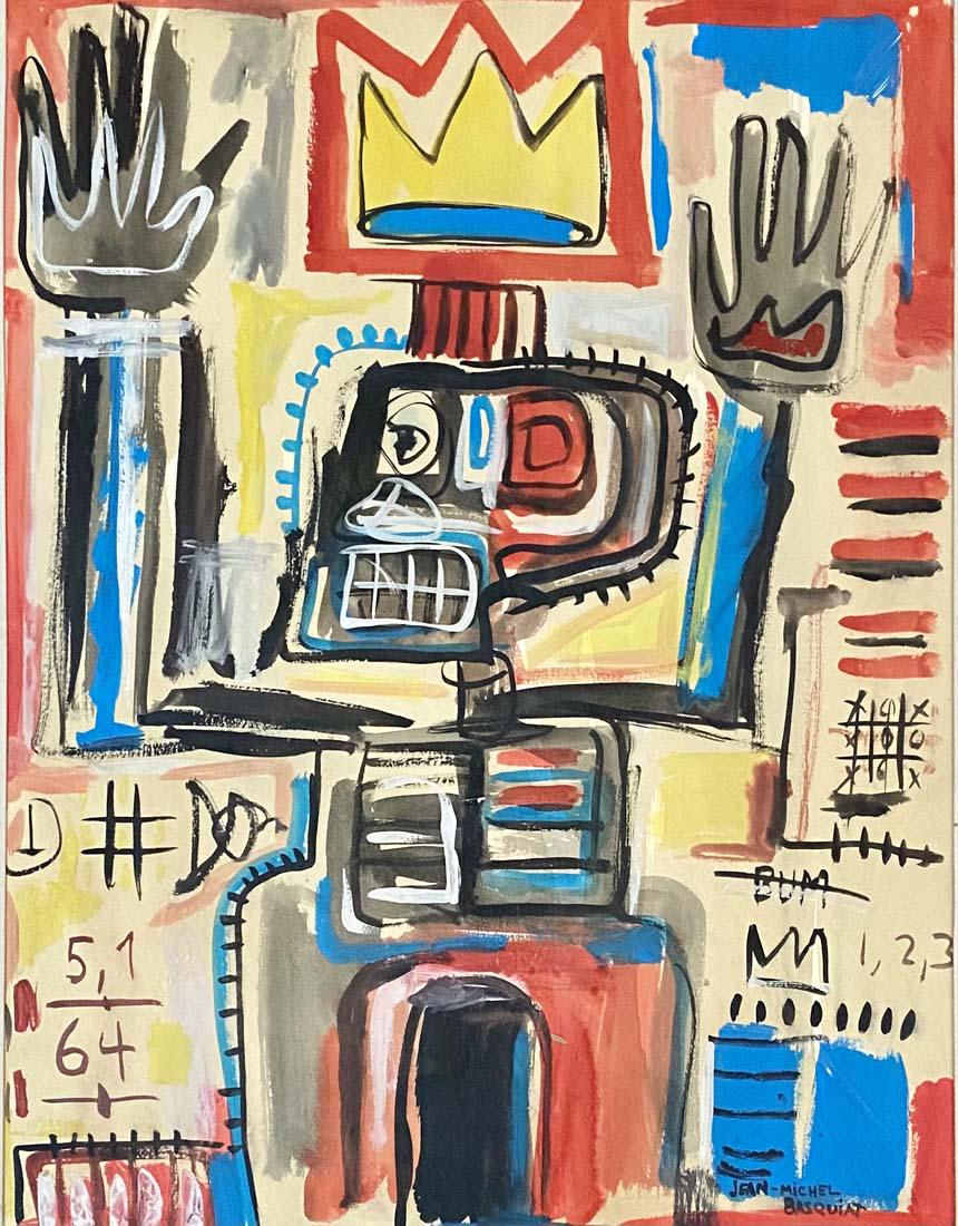 JEAN MICHEL BASQUIAT MIXED MEDIA ON PAPER V$30,000: MINT CONDITION/MEASUREMENTS:35"HX29"W FRAMED/"in the style of" Jean-Michel Basquiat was an American artist of Haitian and Puerto Rican descent/Private collection, Liveauctioneers policy requires to st