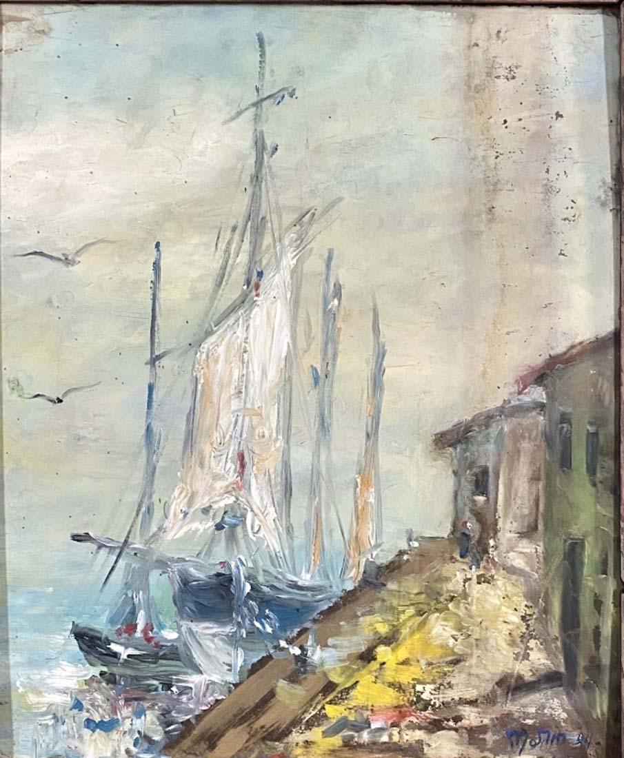 JOHN MARIN IMPRESSIONIST OIL ON BOARD V$8,000: OK CONDITION, SOME PAINT LOSS, SHOWS AGE/MEASUREMENTS: The composition is 17 inches high and 13 inches wide./"in the style of" John Marin was an early American modernist artist. He is known for his ab