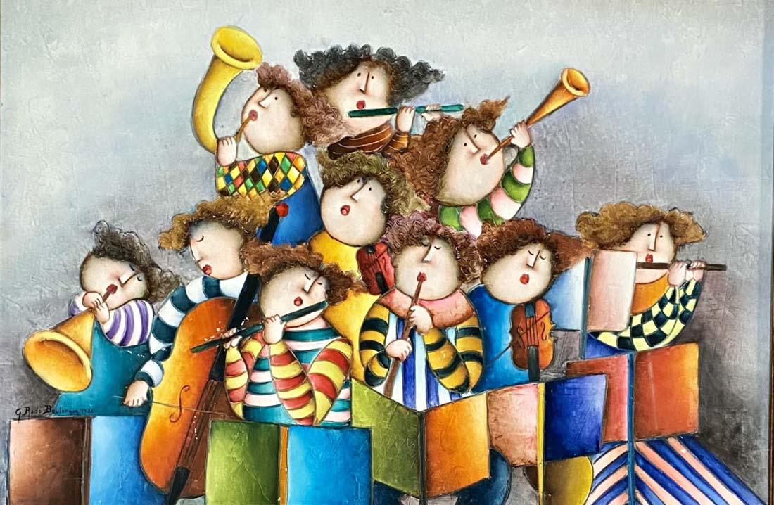 G. RODO BOULANGER ACRYLIC ON CANVAS FIGURATIVE V$9,500: 32"HX44"W FRAMED MINT CONDITION, FRAME HAS KNICKS/"in the style of" Graciela Rodo is a Bolivian painter. She is noted for her artworks featuring stylized renderings of children./Private collection, Li