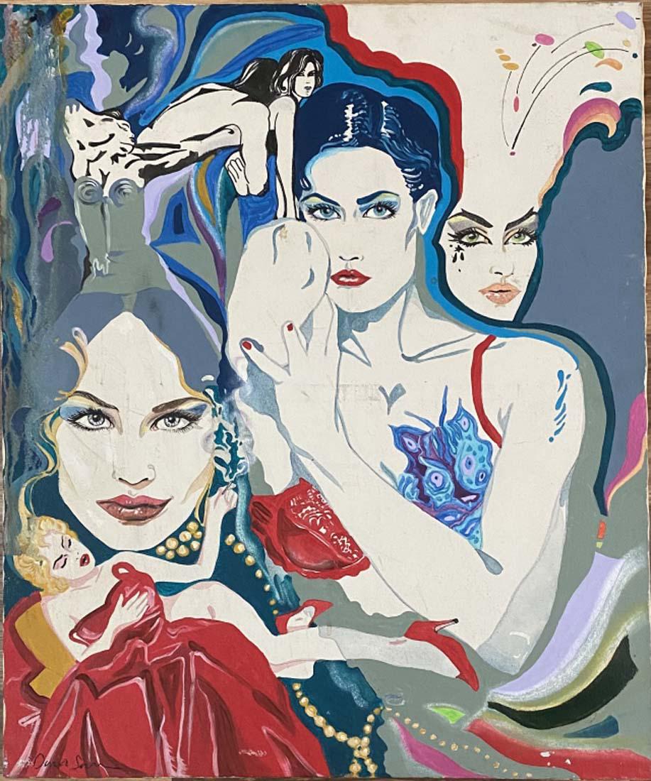 DAVID SALLE FIGURATIVE ACRYLIC ON CANVAS V$16,000: NO FRAME GOOD CONDITION, SOME SPOTS AND MARKS/MEASUREMENTS: The composition is 36 inches high and 30 inches wide./"in the style of"David Salle is a Pictures Generation American painter, printmaker, ph