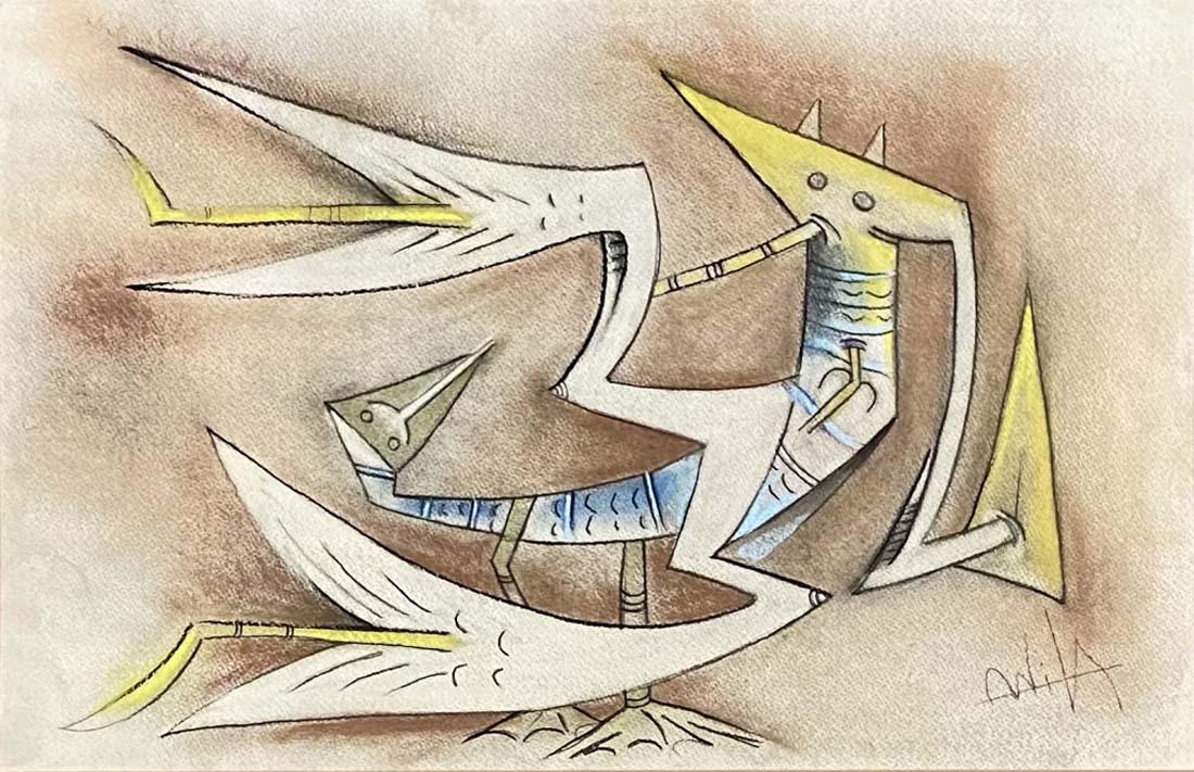 WILFREDO LAM MIXED MEDIA ON PAPER ABSTRACT V$18,000: 33"WX25"H FRAMED AND MATTED, MINT CONDITION/"in the style of" Wifredo Ã“scar de la ConcepciÃ³n Lam y Castilla, better known as Wifredo Lam, was a Cuban artist who sought to portray and revive the
