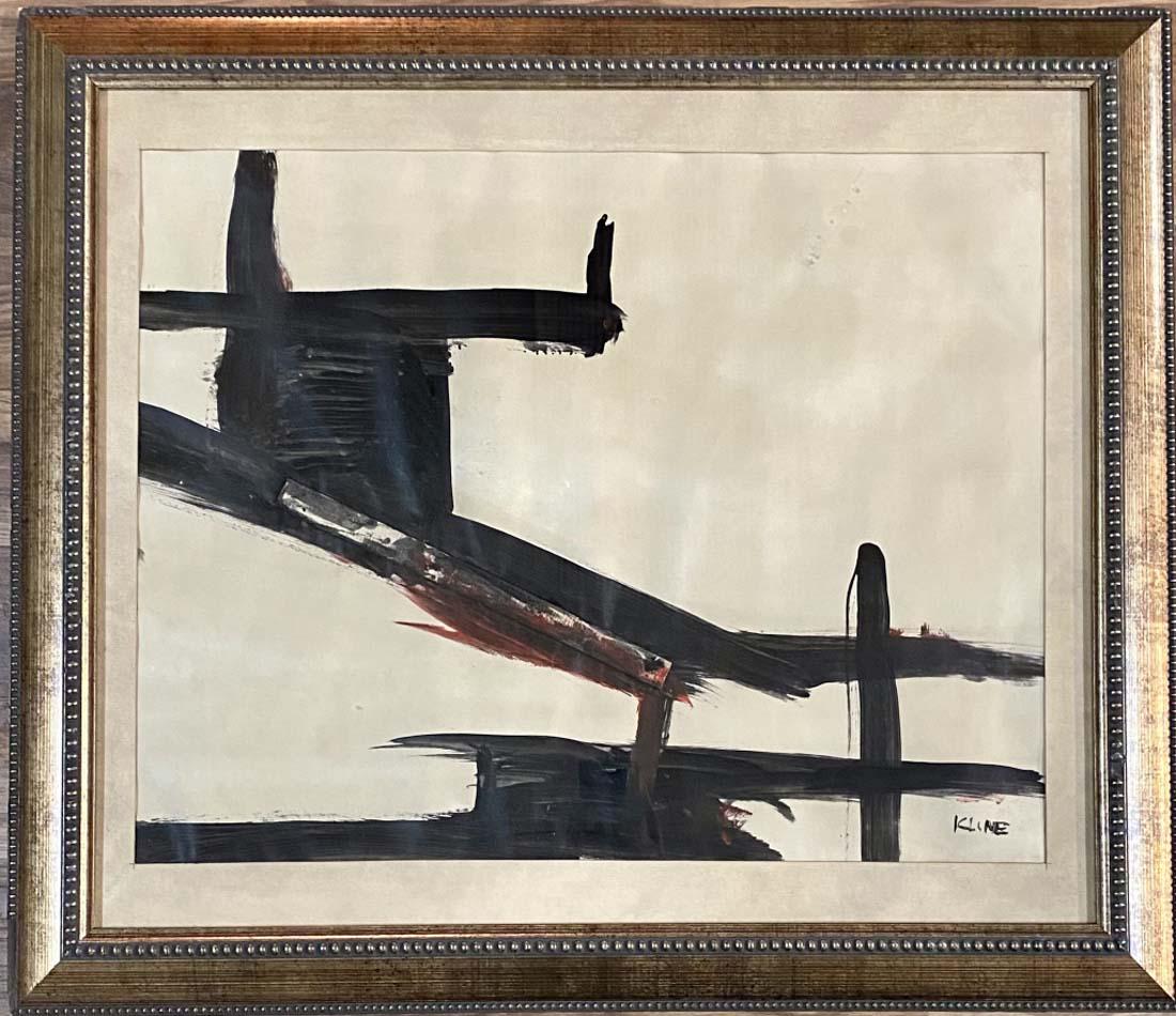 FRANZ KLINE ABSTRACT OIL ON PAPER V$4,500: OK CONDITION, SMALL HOLES AND BROWNING/MEASUREMENTS: The composition is 18 inches high and 23 inches wide./"in the style of" Franz Kline was an American painter. He is associated with the Abstract Exp
