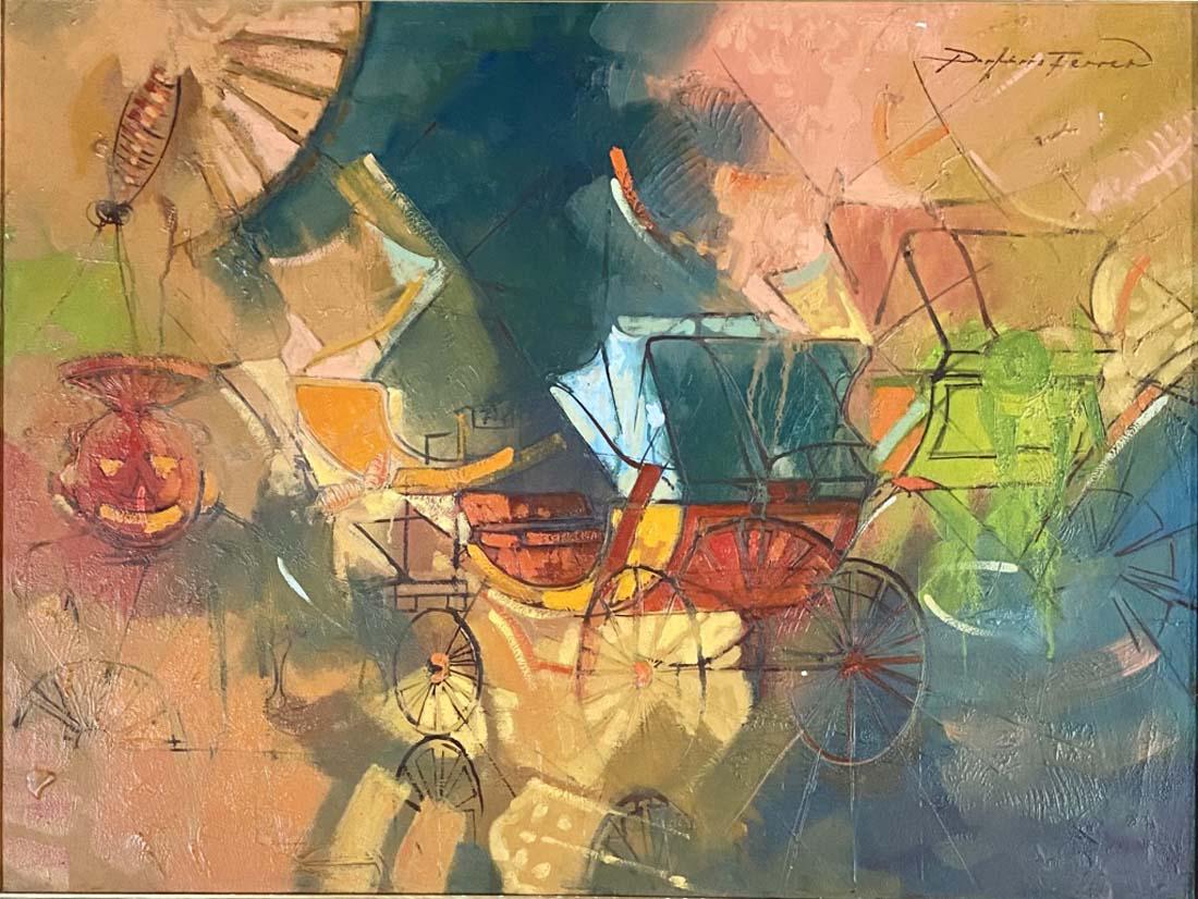 PORFIRIO FERRER ABSTRACT ACRYLIC ON CANVAS V$7,500: 45"WX36"H FRAMED MINT CONDITION/"in the style of" Porfirio Ferrer was born in Constanza, Dominican Republic in July of 1963. His artistic studies include the School of Fine Arts in Santo Domingo/Priva