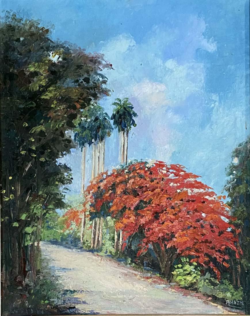 ALFRED HAIR LANDSCAPE OIL ON CANVAS PAINTING V$8,000: 30"WX35"H FRAMED GOOD CONDITION/"in the style of"Alfred Warner Hair, also Freddy Hair, was an American painter from Fort Pierce, Florida who, along with Harold Newton, was instrumental in founding the