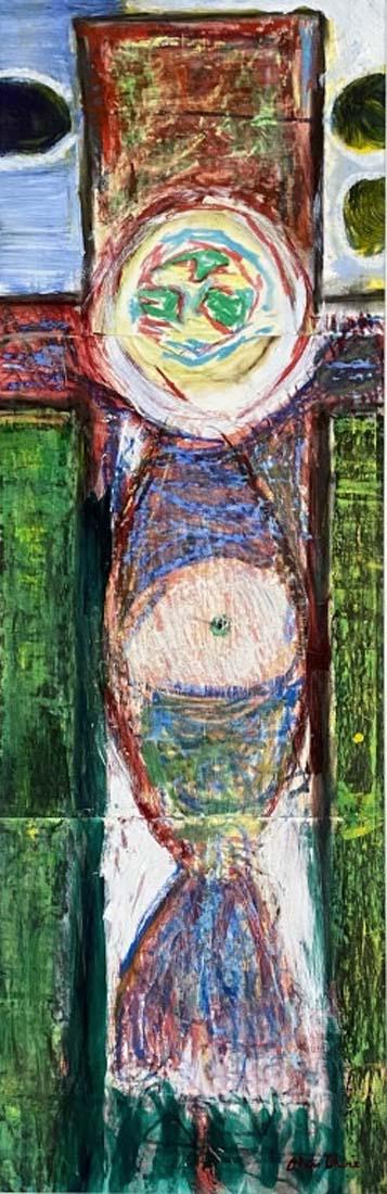 ALAN DAVIE MIXED MEDIA ON PAPER V$4,000: MINT CONDITION/MEASUREMENTS: The composition is 37 inches high and 14 inches wide/"in the style of" James Alan Davie was a Scottish painter and musician. /Private collection, Liveauctioneers policy re