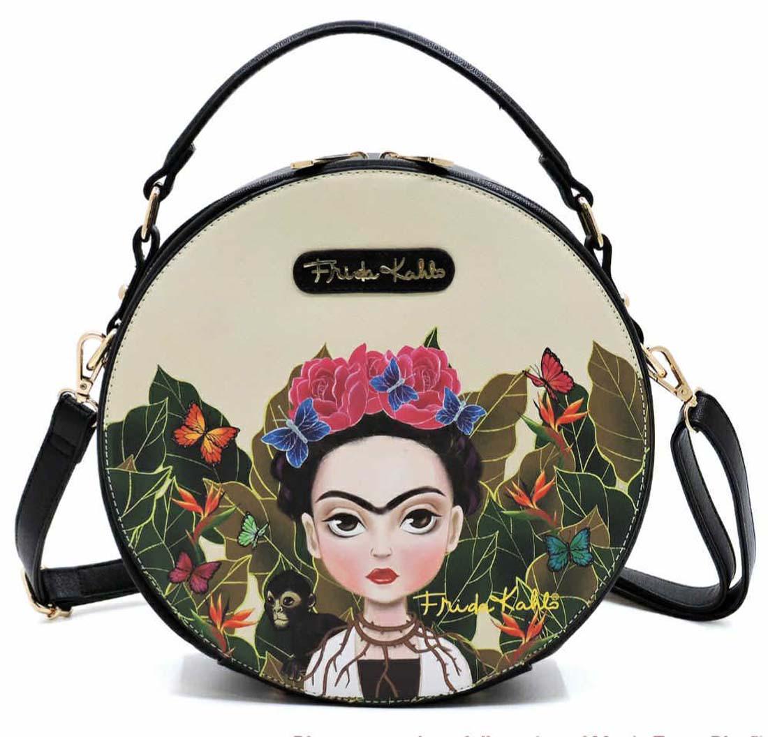NEW FRIDA KAHLO ARTIST CIRCULAR CROSSBODY PURSE: NEW /Detachable and Adjustable Long Strap Zipper Top Closure Inside Wall Pocket at Back Side Soft Inside Lining 10(W) X 5(D) X 10(H) inch