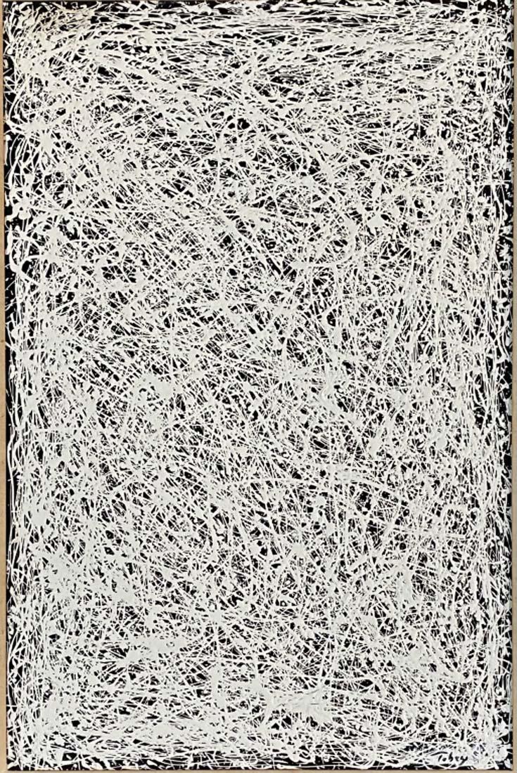 MARK TOBEY ABSTRACT ACRYLIC ON CANVAS PAINTING V$12,000: MEASUREMENTS:30"WX42"H FRAMED MINT CONDITION/"in the style of" Mark George Tobey (December 11, 1890 â€“ April 24, 1976) was an American painter/Private collection, Liveauctioneers policy requires