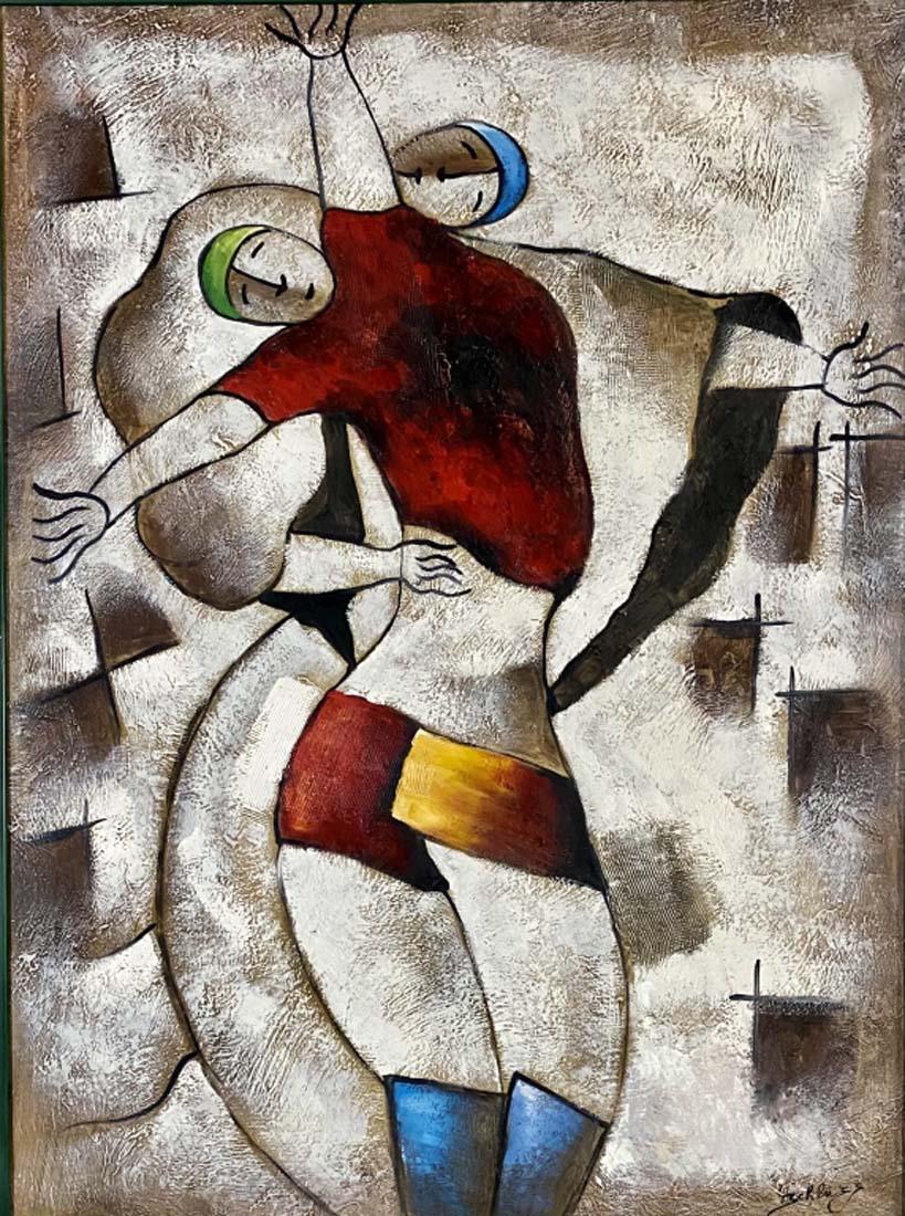 DAVID SCHLUSS FIGURATIVE ACRYLIC ON CANVAS V$4,000: MEASUREMENTS: 54"HX42"W MINT CONDITION/"in the style of" David Schluss, was born in 1943. He started painting at a very early age in Israel/Private collection, Liveauctioneers policy requires to state