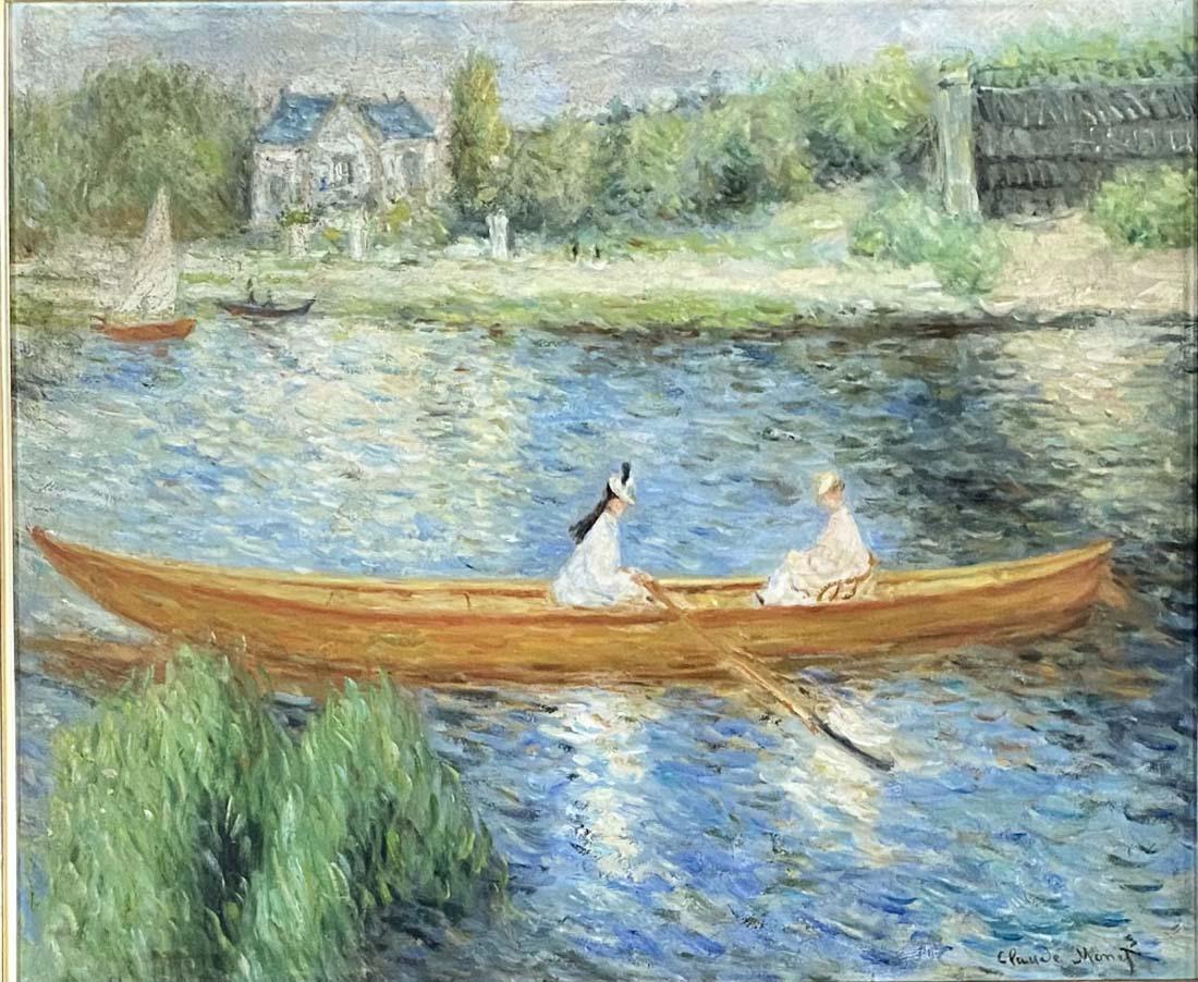 CLAUDE MONET IMPRESSIONIST GICLEE ON CANVAS V$5,000: MEASUREMENTS: 30"HX34" W FRAMED MINT CONDITION/"in the style of" Oscar-Claude Monet was a French painter, a founder of French Impressionist painting and the most consistent and prolific practitioner o