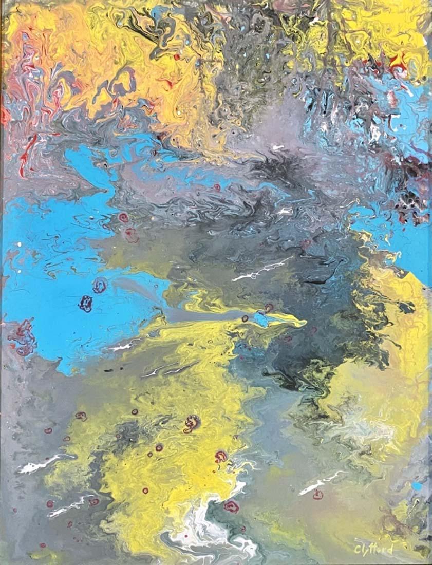 CLYFFORD STILL ABSTRACT ACRYLIC ON CANVAS V$12,000: MEASUREMENTS: 28"HX22"W VERY GOOD CONDITION, FRAME SHOWS AGE/"in the style of" Clyfford Still was an American painter, and one of the leading figures in the first generation of Abstract Expressionists