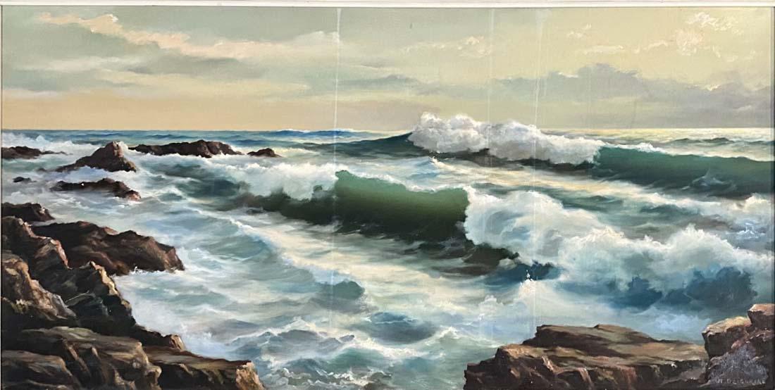 ALEXANDER DZIGURSKI OIL ON CANVAS SEASCAPE V$20,000: MEASUREMENTAS:55"WX31"H FRAMED/GOOD CONDITION, SHOWS AGE/"in the style of" Alexander Dzigurski, who is known for his seascapes, landscapes, and some portraiture/Private collection, Liveauctioneers pol