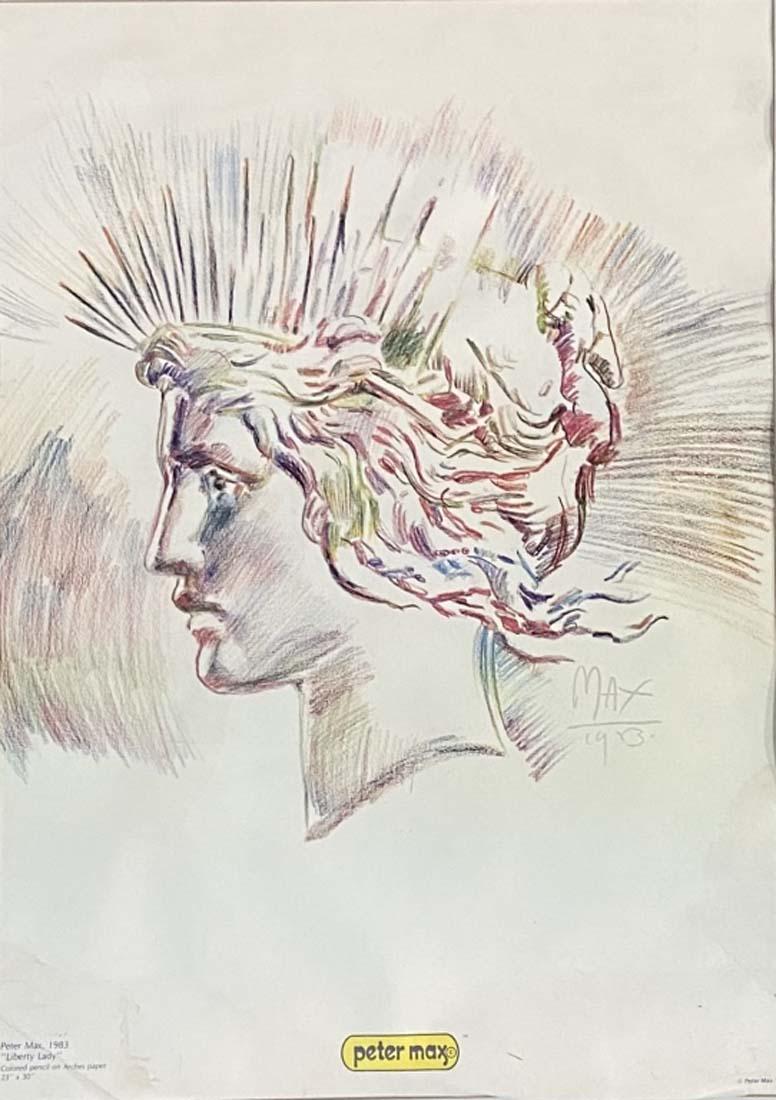 PETER MAX POLYCHROMATIC FIGURATIVE POSTER V$5,500: "Lady Liberty"/MEASUREMENTS: The composition is 28 inches high and 20 inches wide."in the style of"/Peter Max is a German-American artist known for using bright colours in his work/Private collection,