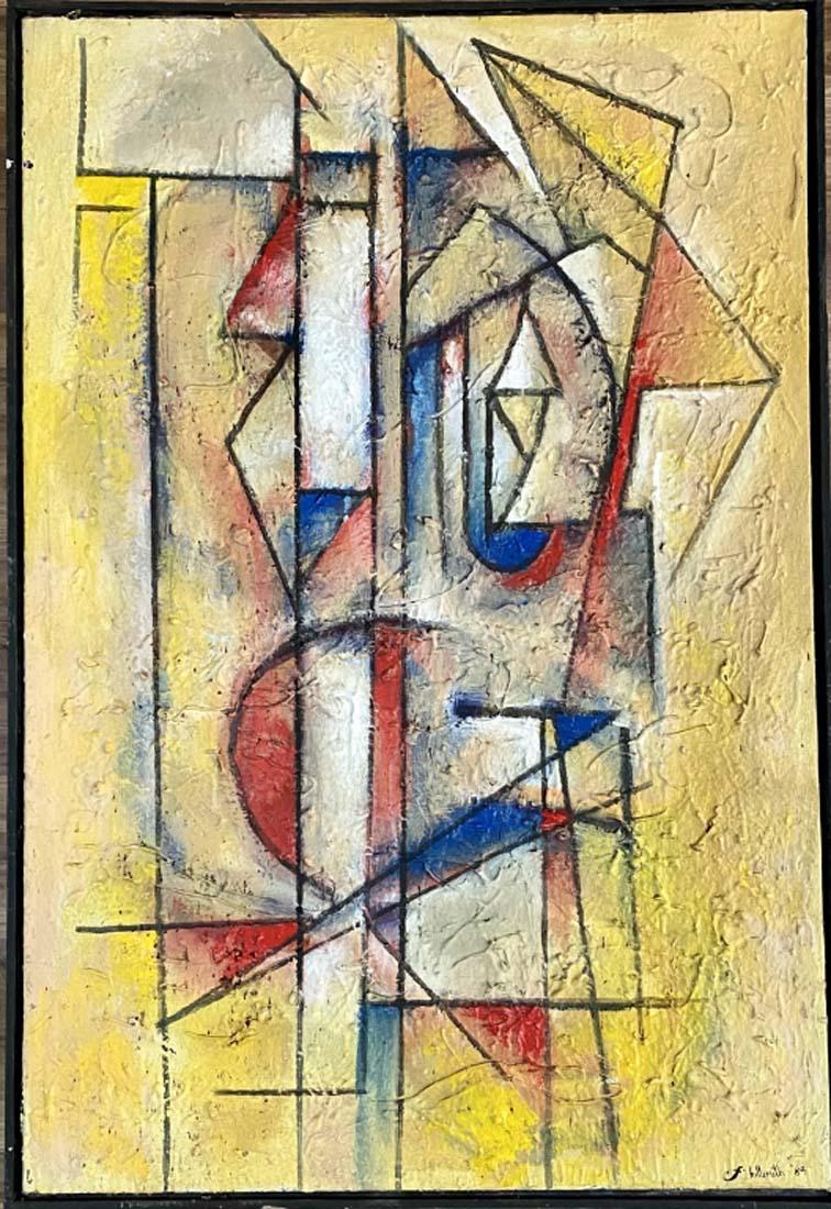 FANNIE HILLSMITH OIL ON CANVAS ABSTRACT PAINTING: ON FABRIC CANVAS /SHOWS AGE AND DIRT FROM STORAGE SEE PICS/MEASUREMENTS: The composition is 44 inches high and 30 inches wide./"in the style of"Fannie Hillsmith was an American cubist painter from Bos