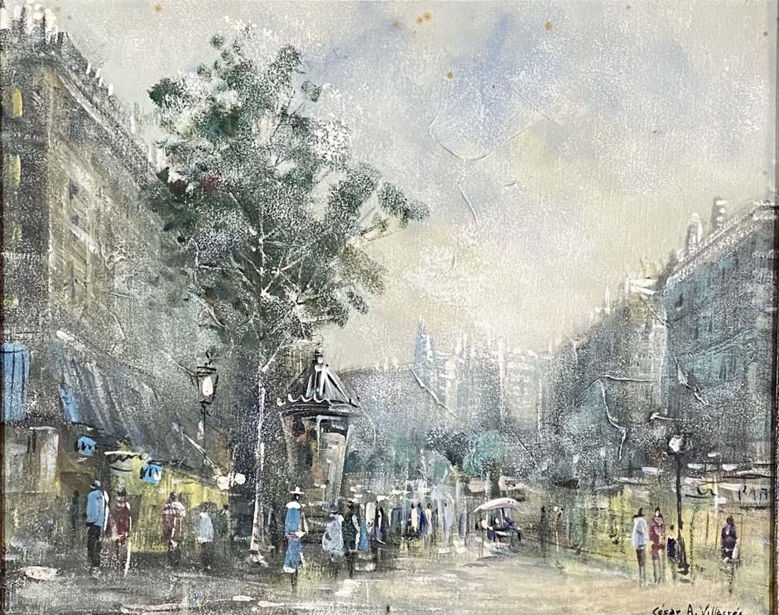 CESAR A. VILLACRES OIL ON CANVAS IMPRESSIONIST V$12,000: MINT CONDITION/MEASUREMENTS: The composition is 16 inches high and 20 inches wide/"in the style of" Cesar A. Villacres was known for his impressionistic street scenes depicting France/Private collecti