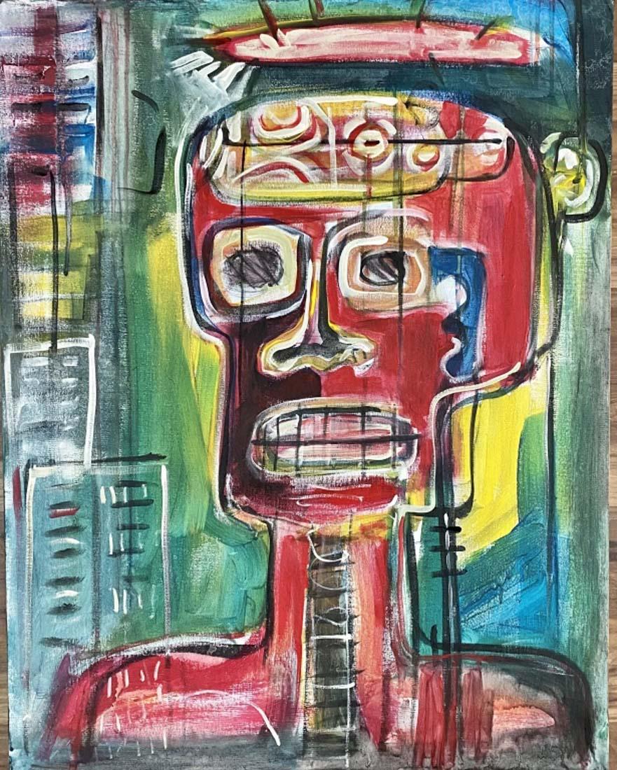 JEAN MICHEL BASQUIAT OIL ON CANVAS ABSTRACT V$23,000: MINT CONDITION, 22"WX28"H NO FRAME /"in the style of" Jean-Michel Basquiat was an American artist of Haitian and Puerto Rican descent. /Private collection, Liveauctioneers policy requires to state "in