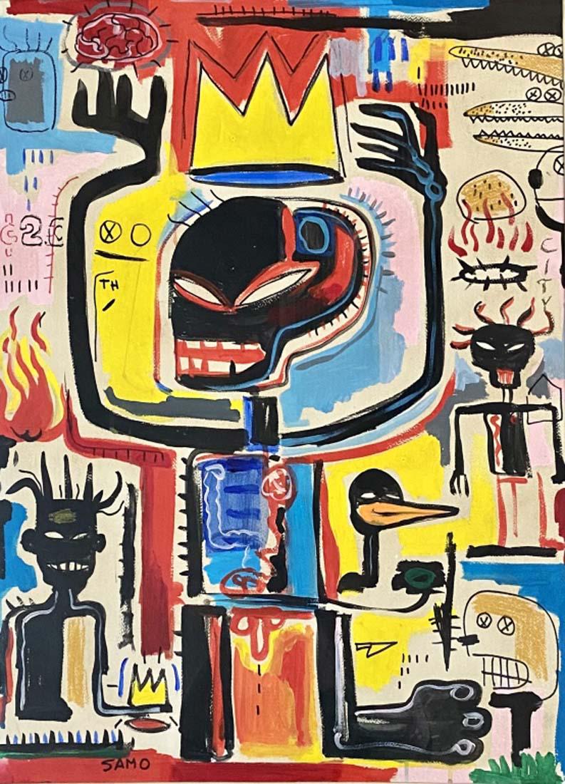 JEAN MICHEL BASQUIAT OIL ON PAPER ABSTRACT V$20,000: MEASUREMENTS:38"X32"W WITH FRAMEAND MAT/MINT CONDITION"in the style of" Jean-Michel Basquiat was an American artist of Haitian and Puerto Rican descent/Private collection, Liveauctioneers policy requi
