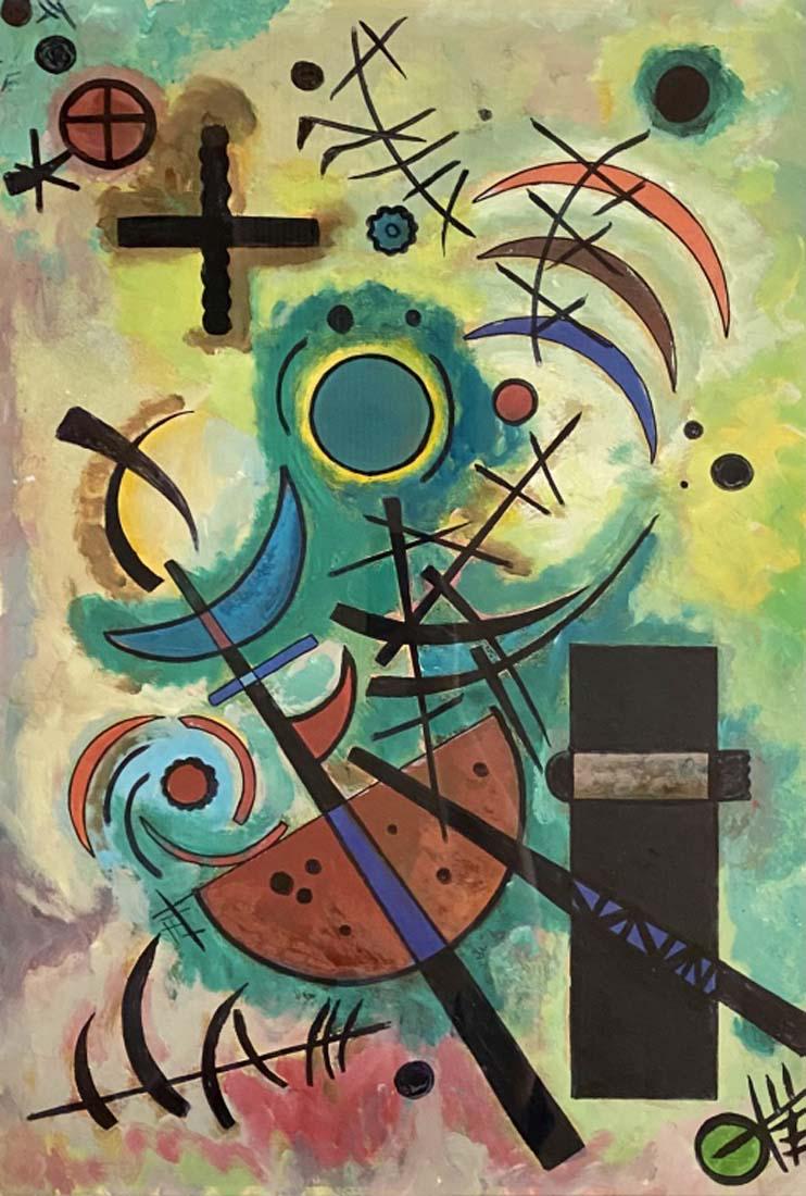 WASSILY KANDINSKY ABSTRACT OIL ON PAPER V$8,000: MINT CONDITION/MEASUREMENTS:28"HX37"W WITH THE FRAME/"in the style of" Wassily Wassilyevich Kandinsky was a Russian painter and art theorist/Private collection, Liveauctioneers policy requires to stat