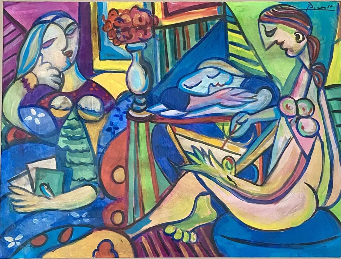 PABLO PICASSO GOACHE ON PAPER V$13,000: MINT CONDITION/ MEASUREMENTS: The composition is 22 inches high and 29 inches wide."in the style of"Pablo Ruiz Picasso was a Spanish painter, sculptor, printmaker, ceramicist and theatre designer/Priv