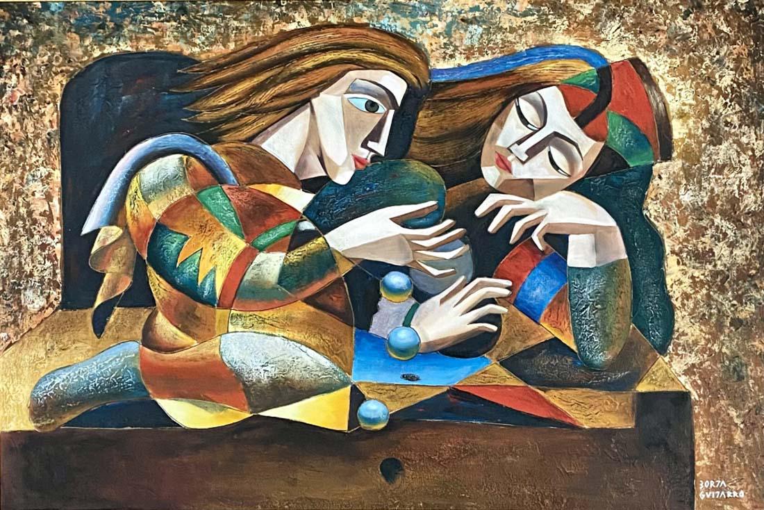 BORJA GUIJARRO FIGURATIVE ACRYLIC ON CANVAS V$40,000: 43"WX31"H FRAMED, MINT CONDITION/"in the style of" Borja Guijarro/Private collection, Liveauctioneers policy requires to state "in the style of", no documentation. We offer a 14day money back guarante