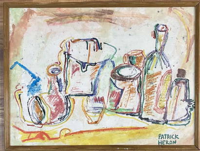 PATRICK HERON MIXED MEDIA STILL LIFE V$8,000: MEASUREMENTS: The composition is 22 inches high and 30 inches wide/GOOD CONDITION/"in the style of" Patrick Heron CBE was a British abstract and figurative artist/Private collection, Liveauctioneers p