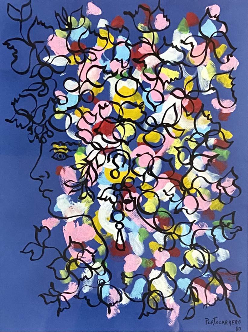 RENE PORTACARRERO FIGURATIVE OIL ON PAPER V$18,000: MEASUREMENTS:29"WX35"H FRAMED AND MATTED/"in the style of"RenÃ© Portocarrero was a Cuban artist recognised internationally for his achievements./Private collection, Liveauctioneers policy requires t