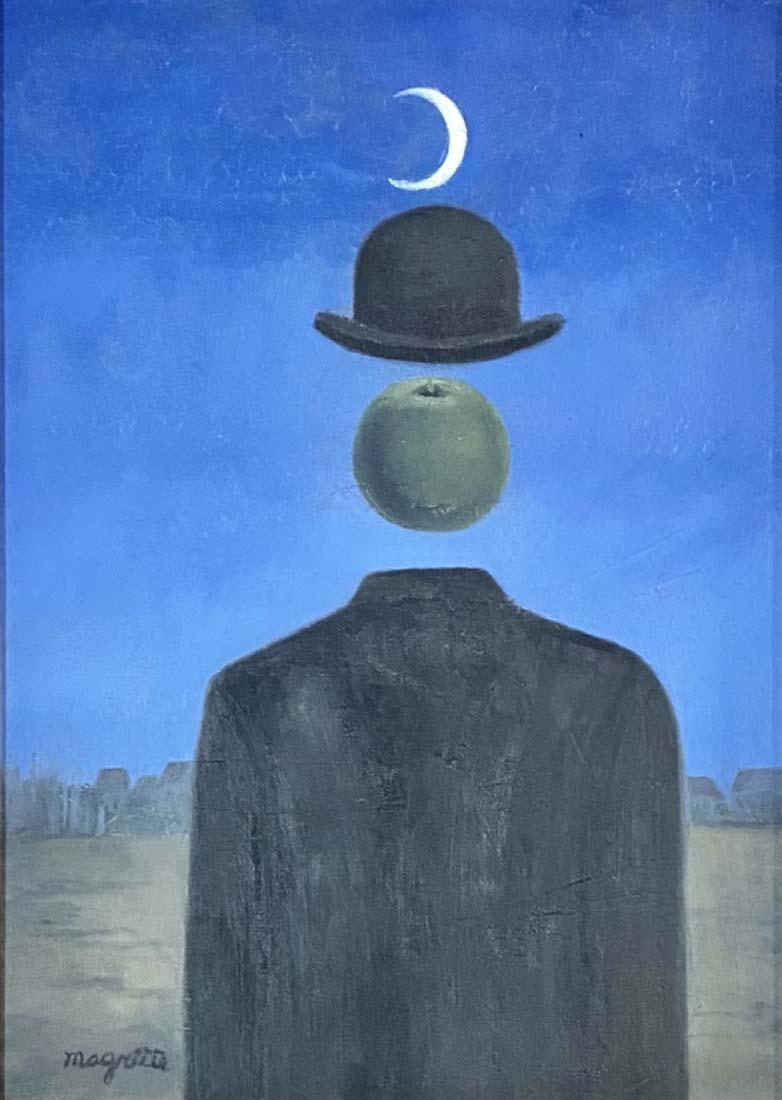 RENE MAGRITTE SURREALIST OIL ON CANVAS V$20,000,: 18"WX24"H FRAMED MINT CONDITION /"in the style of"RenÃ© FranÃ§ois Ghislain Magritte was a Belgian surrealist artist./Private collection, Liveauctioneers policy requires to state "in the style of",
