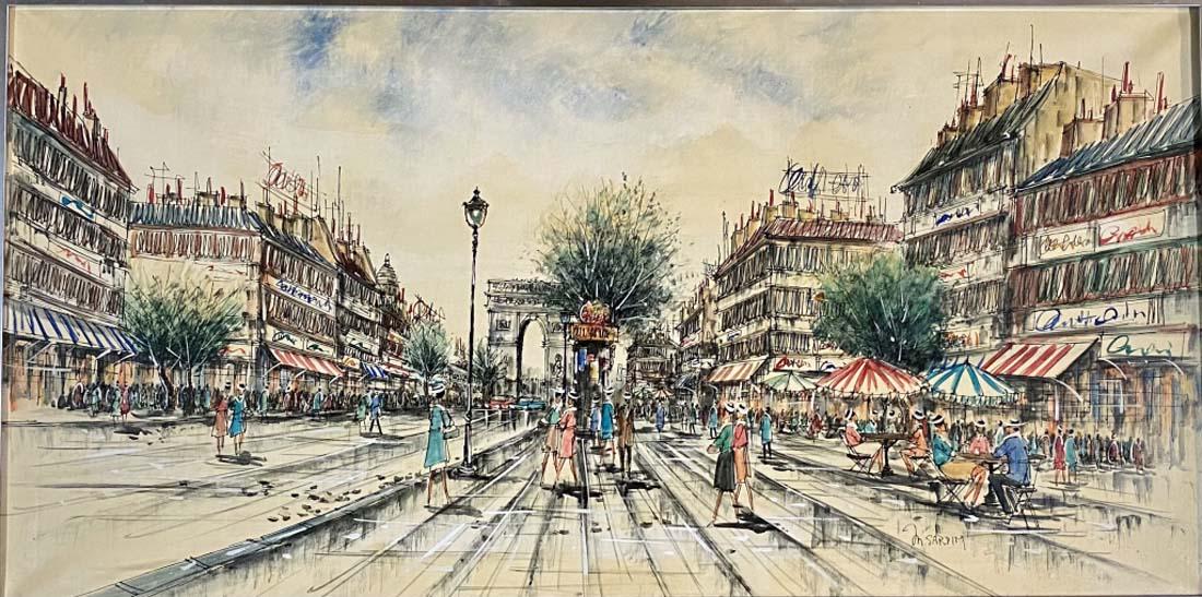 M. SARDIN OIL ON CANVAS CITYSCAPE PAINTING V$6,000: MEASUREMENTS:31"WX55"L MINT CONDITION, FRAMED/"in the style of" M. SARDIN/Private collection, Liveauctioneers policy requires to state "in the style of", no documentation. We offer a 14day money back 