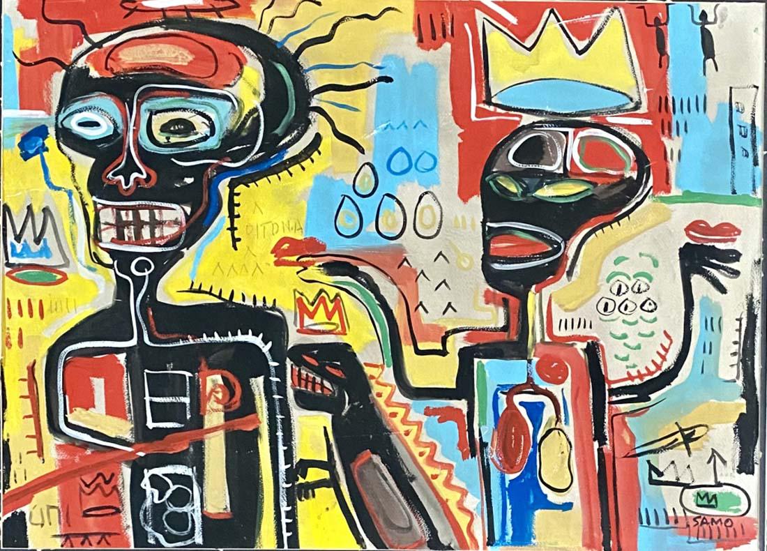JEAN MICHEL BASQUIAT ABSTRACT OIL ON PAPER V$35,000: MEASUREMENTS:31"HX389"W FRAMED, GOOD CONDITION, NO GLASS IN FRAME, MINOR SCRATCHES/"in the style of"Jean-Michel Basquiat was an American artist who rose to success during the 1980s/Private collection,