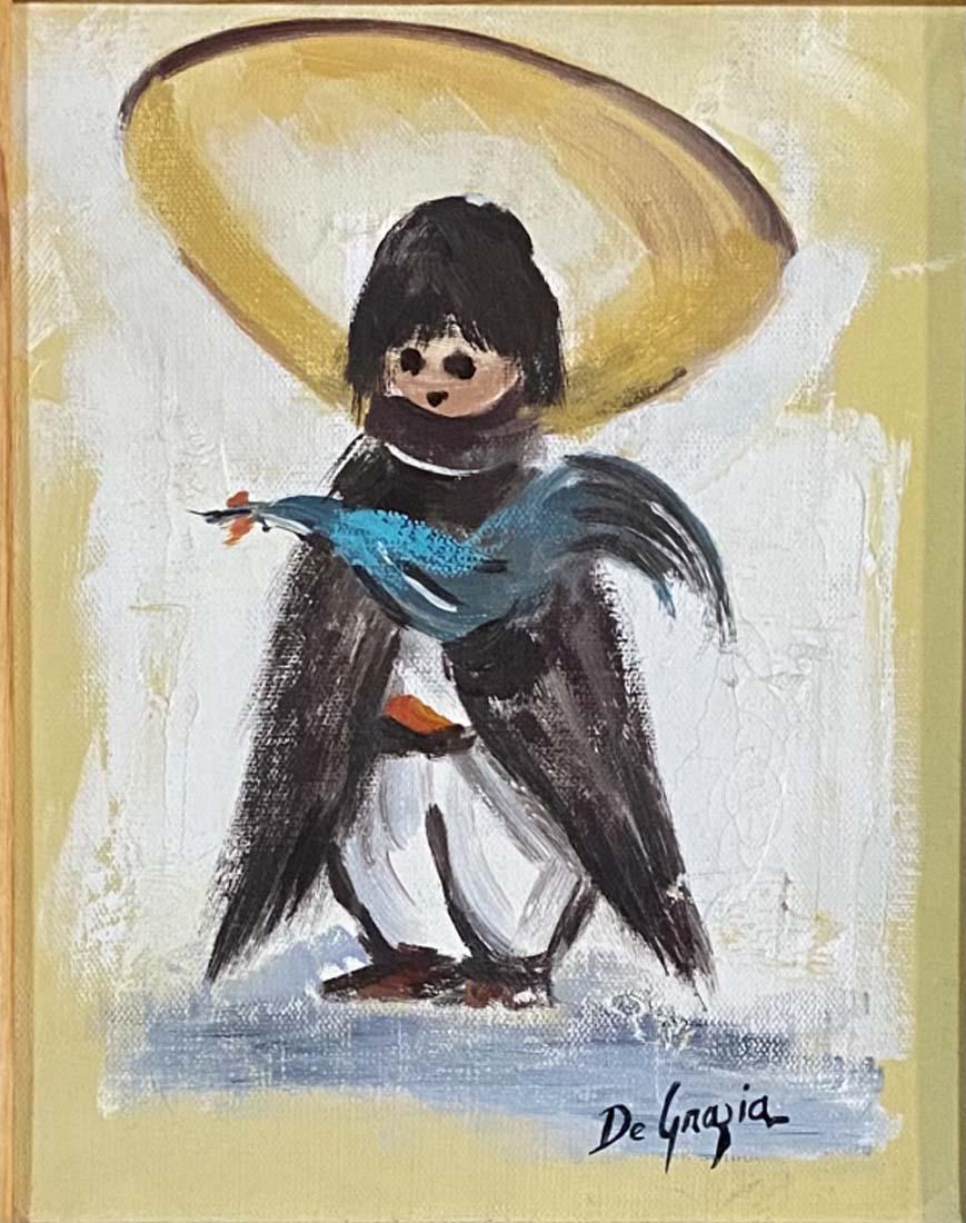 ETTORE DEGRAZIA NATIVE AMERICAN OIL ON CANVAS V$1,000: MEASUREMENTS:15"WX17"H GOOD CONDITION, MOISTURE SPOTS AROUND THE OUTSIDE/"in the style of" Ettore "Ted" DeGrazia was an American impressionist, painter/Private collection, Liveauctioneers policy requi