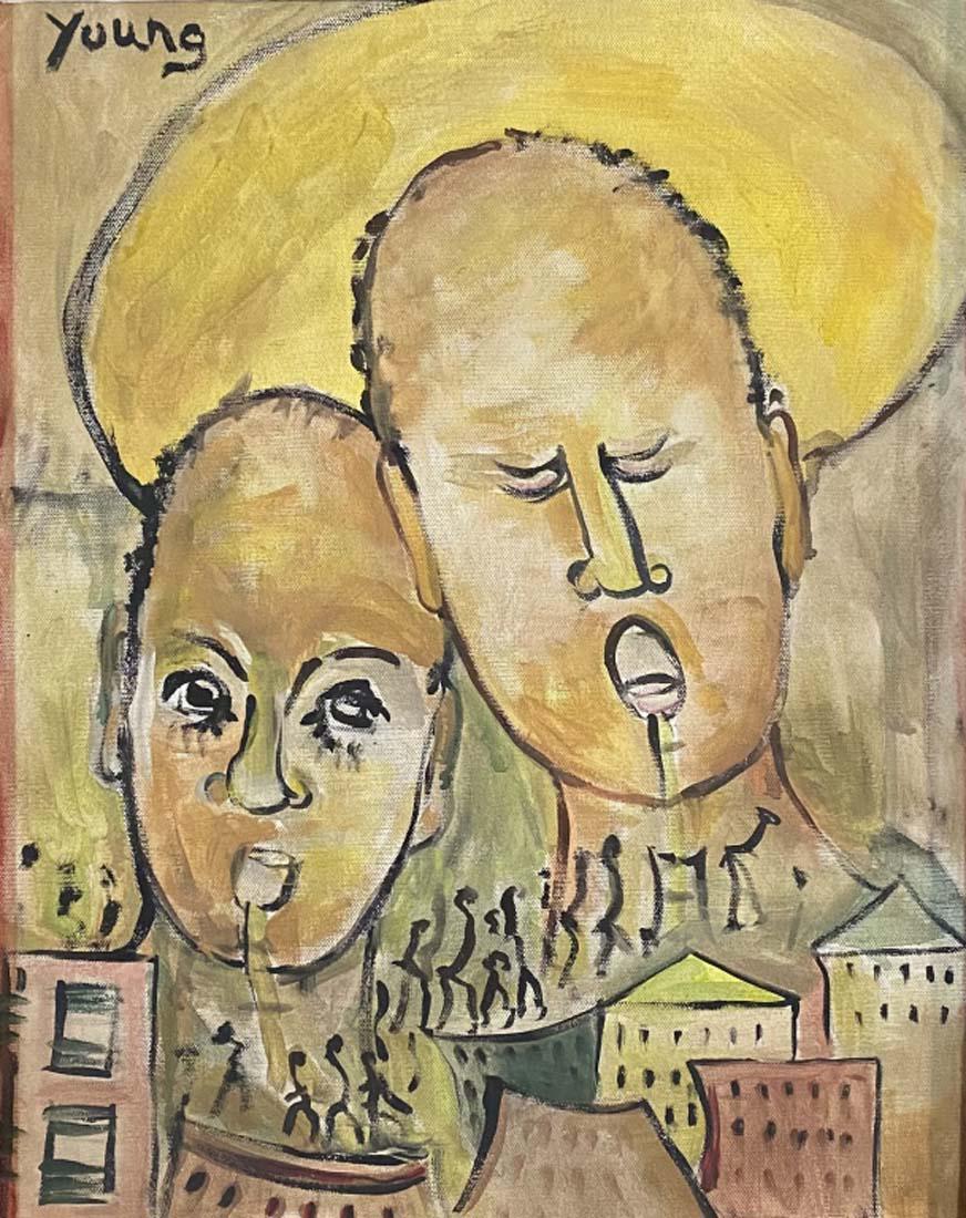 PURVIS YOUNG FIGURATIVE OIL ON CANVAS V$10,000: MEASUREMENTS:21"WX25"H FRAMED VERY GOOD CONDITION/"in the style of" Purvis Young was an American artist/Private collection, Liveauctioneers policy requires to state "in the style of", no documentation