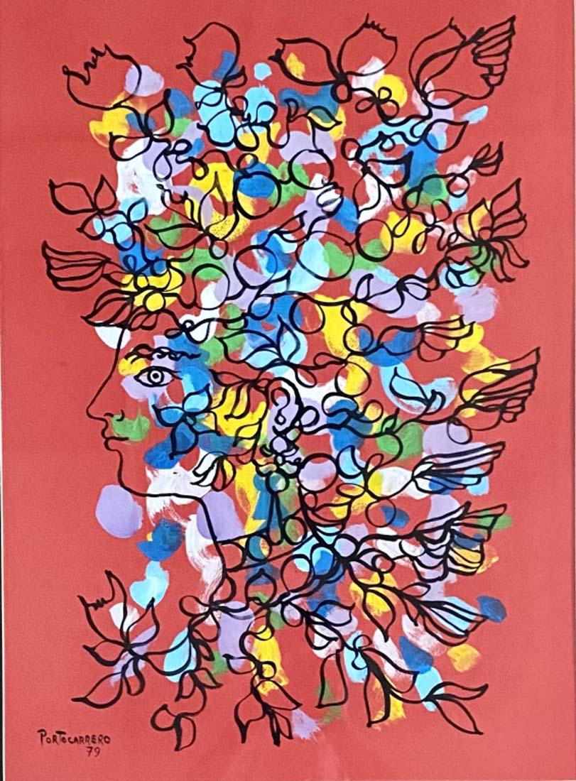 1979 RENE PORTACARRERO MIXED MEDIA ON PAPER V$20,000: MEASUREMENTS:28"WX35"H FRAMED MINT CONDITION/"in the style of"RenÃ© Portocarrero was a Cuban artist/Private collection, Liveauctioneers policy requires to state "in the style of", no documentation. 