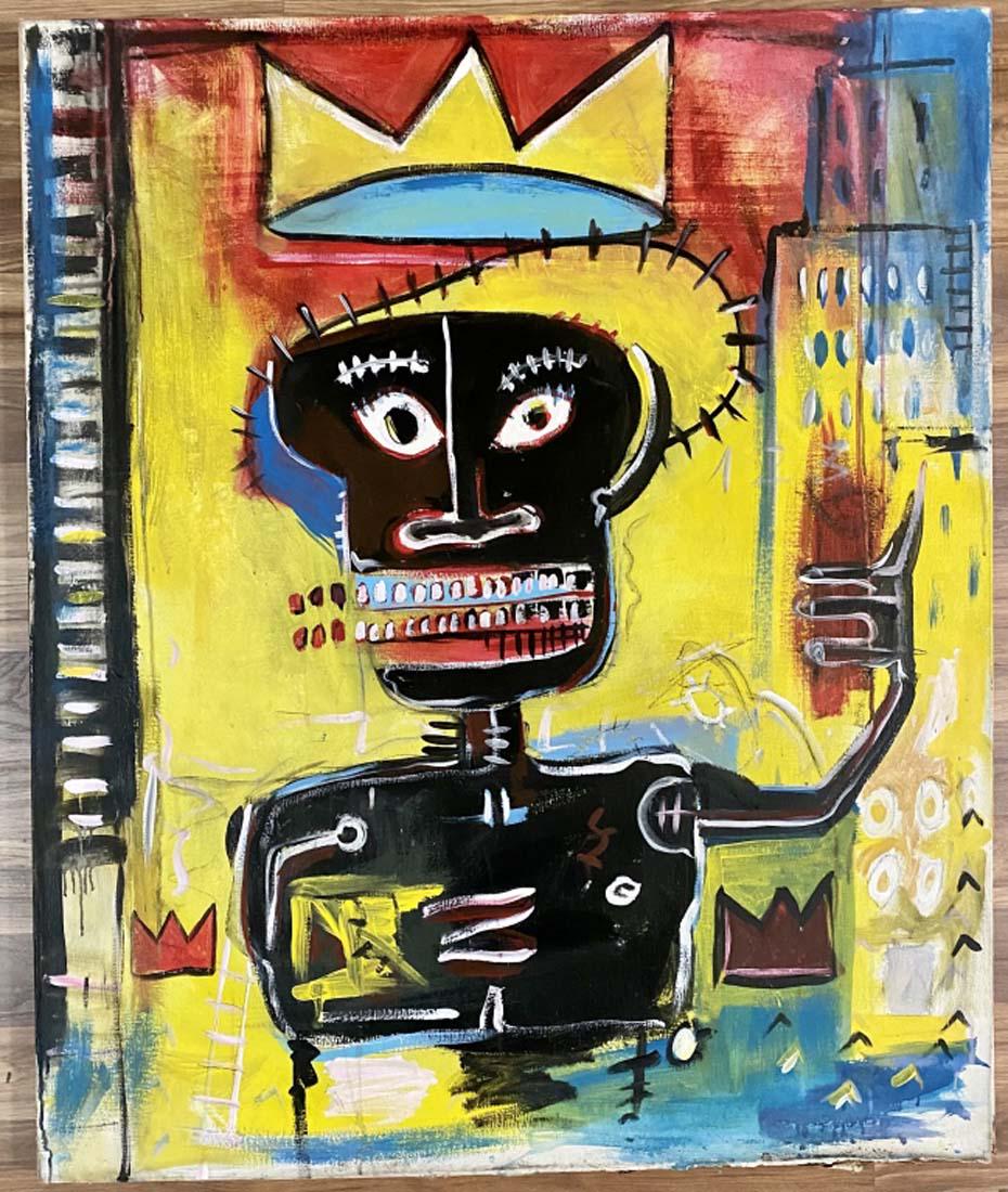 JEAN MICHEL BASQUIAT OIL ON CANVAS ABSTRACT V$52,000: MEASUREMENTS:40"WX48"H NO FRAME, GOOD CONDITION, RIPPED ALONG BOTTOM EDGE SHOWS AGE SEE PICS/"in the style of"Jean-Michel Basquiat was an American artist who rose to success during the 1980s./