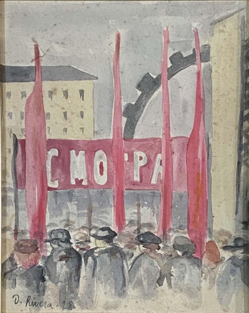 DIEGO RIVERA WATERCOLOR ON PAPER V$8,000: 15"HX13"W FRAMED GOOD CONDITION, MOISTURE SPOTS/"in the style of" Diego Rivera, was a prominent Mexican painter./Private collection, Liveauctioneers policy requires to state "in the style of", no docu