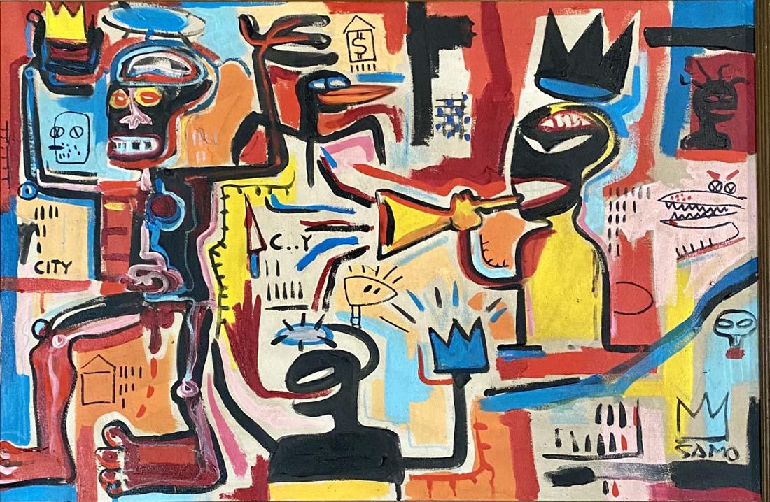 JEAN MICHEL BASQUIAT OIL ON CANVAS ABSTRACT V$35,000: 26"HX38"W FRAMED /MINT CONDITION/"in the style of"Jean-Michel Basquiat was an American artist who rose to success during the 1980s. Regarded as one of the most influential artists of the 20th century/