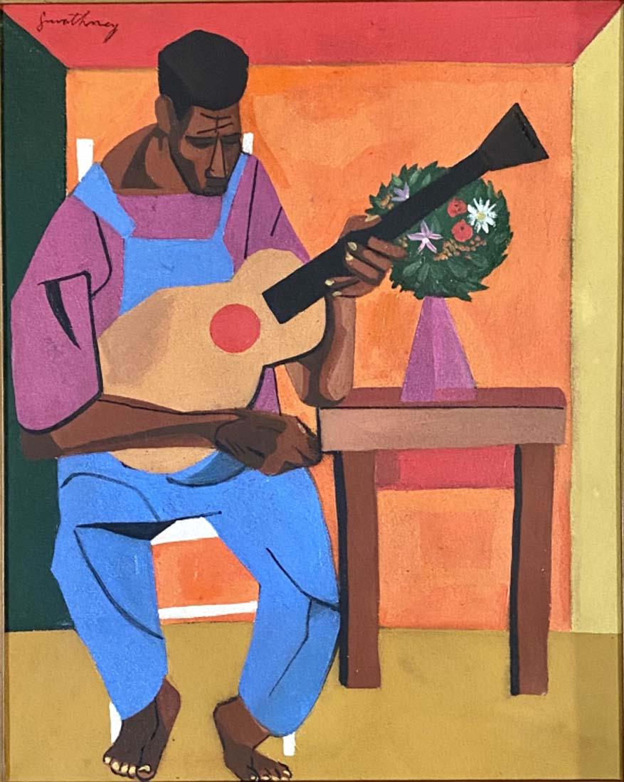 ROBERT GWATHEMY OIL ON CANVAS FIGURATIVE V$14,000: MEASUREMENTS: 23"WX28"H FRAMED MINT CONDITION/"in the style of" Robert Gwathmey was an American social realist painter./Private collection, Liveauctioneers policy requires to state "in the style of",