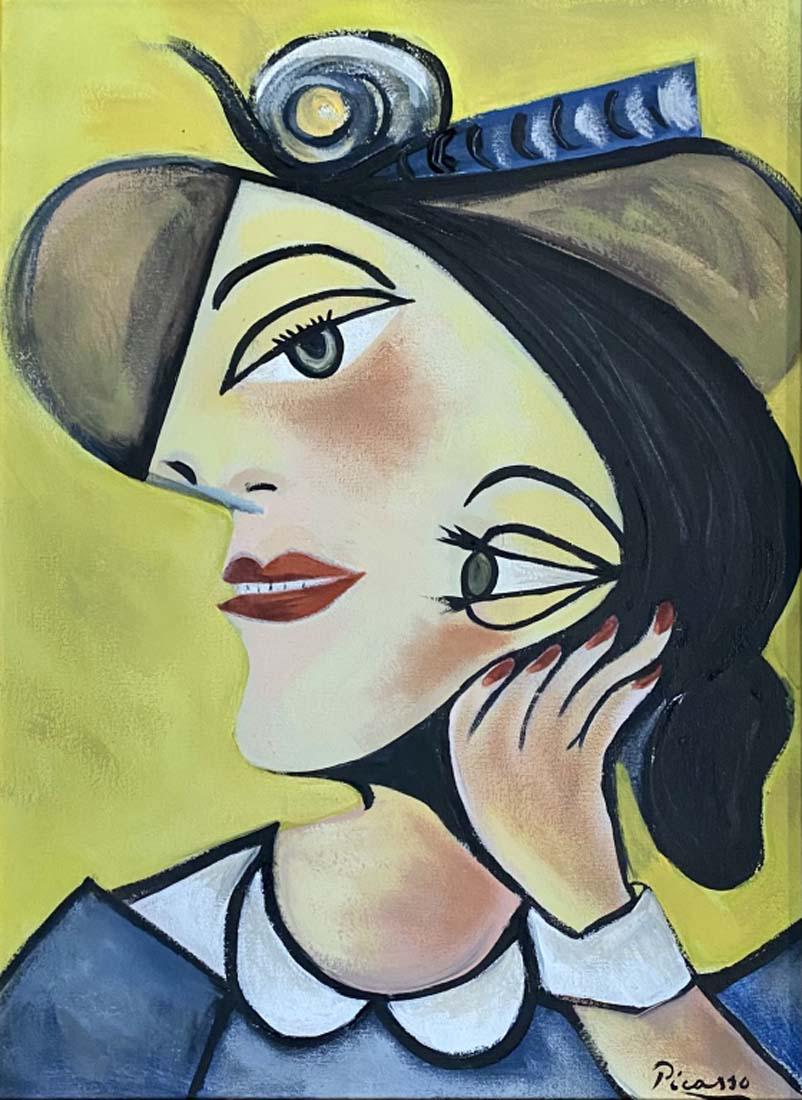 PABLO PICASSO FIGURATIVE OIL ON CANVAS V$9,000: MEASUREMENTS: 15"WX20"H MINT CONDITION, FRAMED /"in the style of"Pablo Ruiz Picasso was a Spanish painter, sculptor, printmaker, ceramicist and theatre designer/Private collection, Liveauctioneers pol