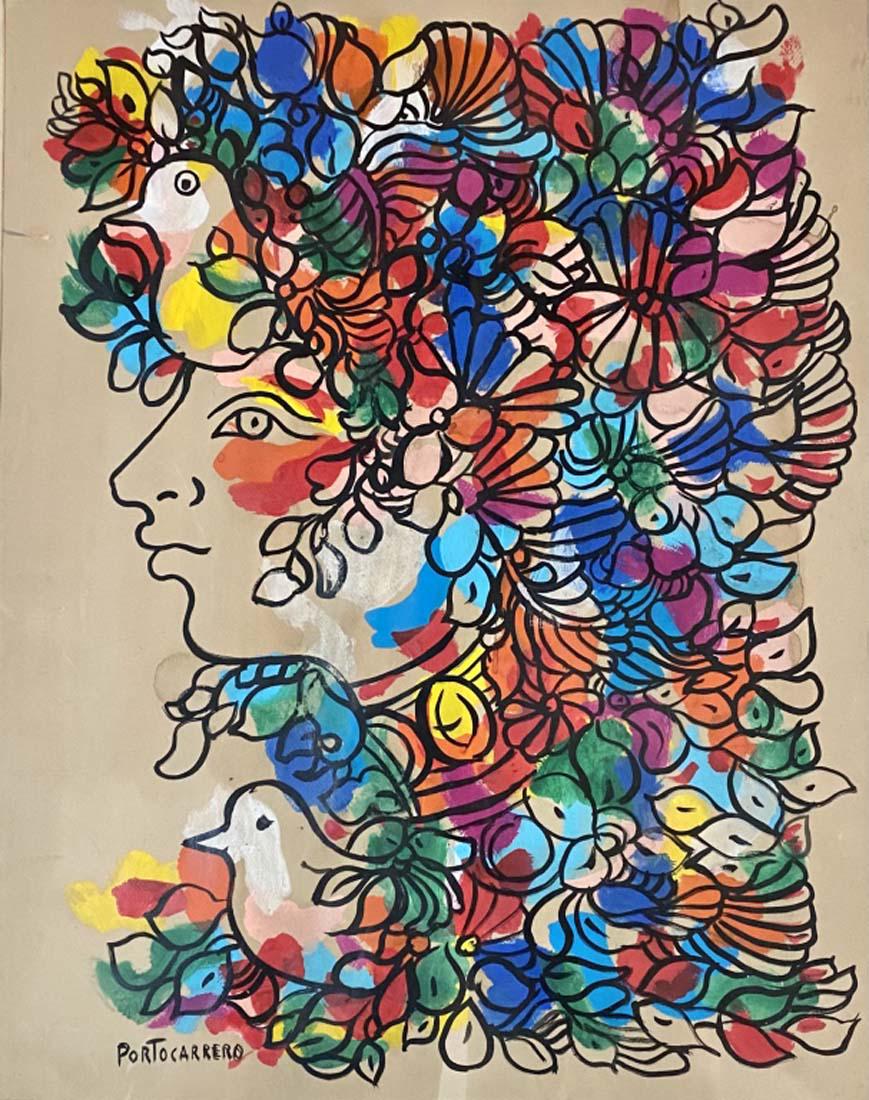 RENE PORTOCARRERO ABSTRACT OIL ON PAPER V$13,000: 25"WX31"H FRAMED, GOOD CONDITION, SMALL TEAR AND BROWNING/YELLOWING /"in the style of"RenÃ© Portocarrero was a Cuban artist recognised internationally for his achievements/Private collection, Liveau