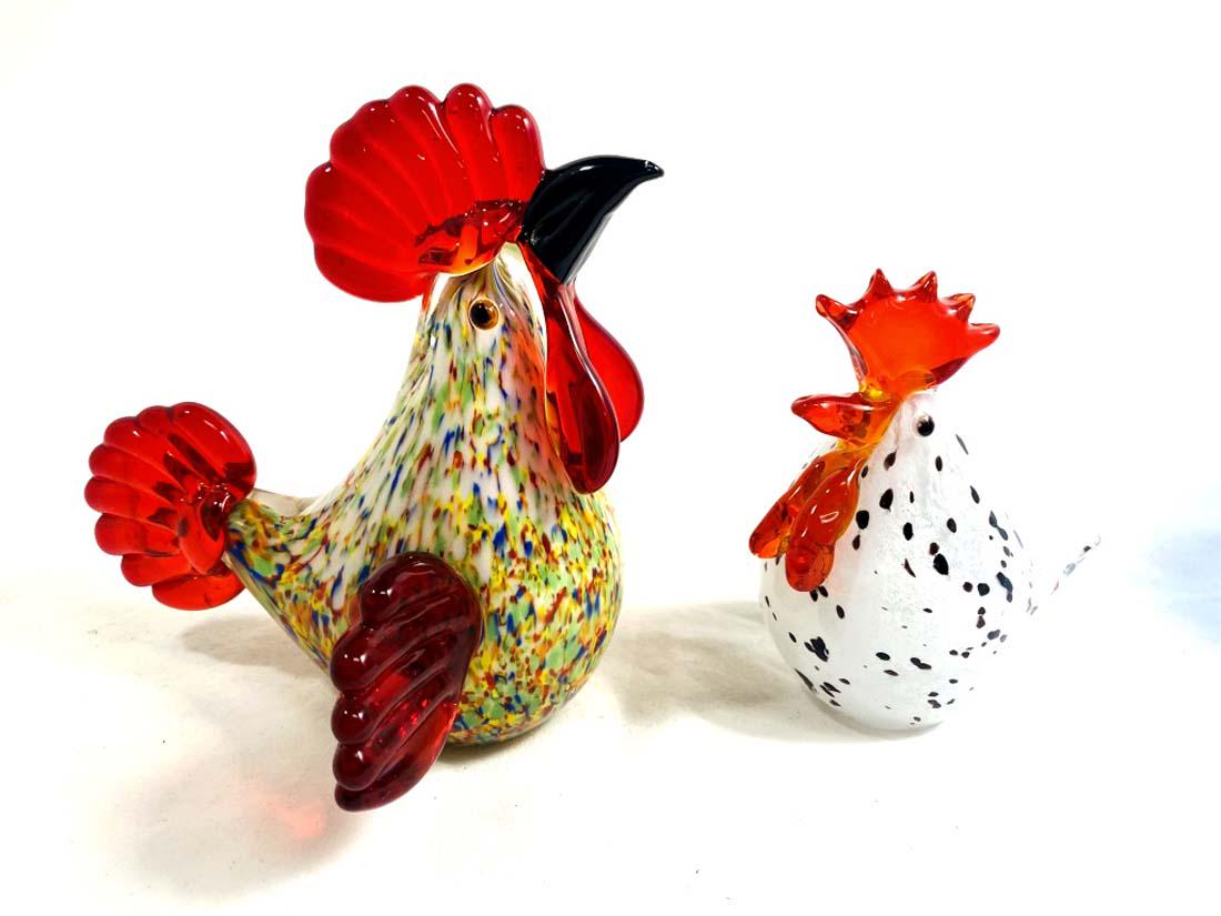LOT OF 2 MURANO ART GLASS SPOTTED SMALL ROOSTERS: 4-6" EACH MINT CONDITION